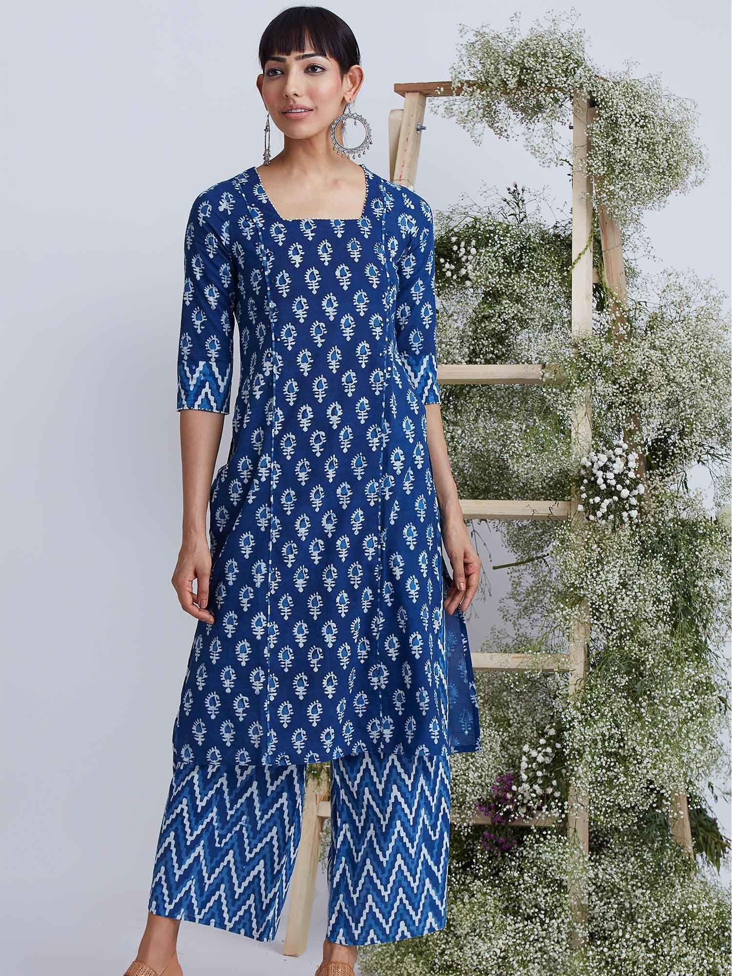 waves hand block printed pure cotton kurta with palazzo (set of 2)