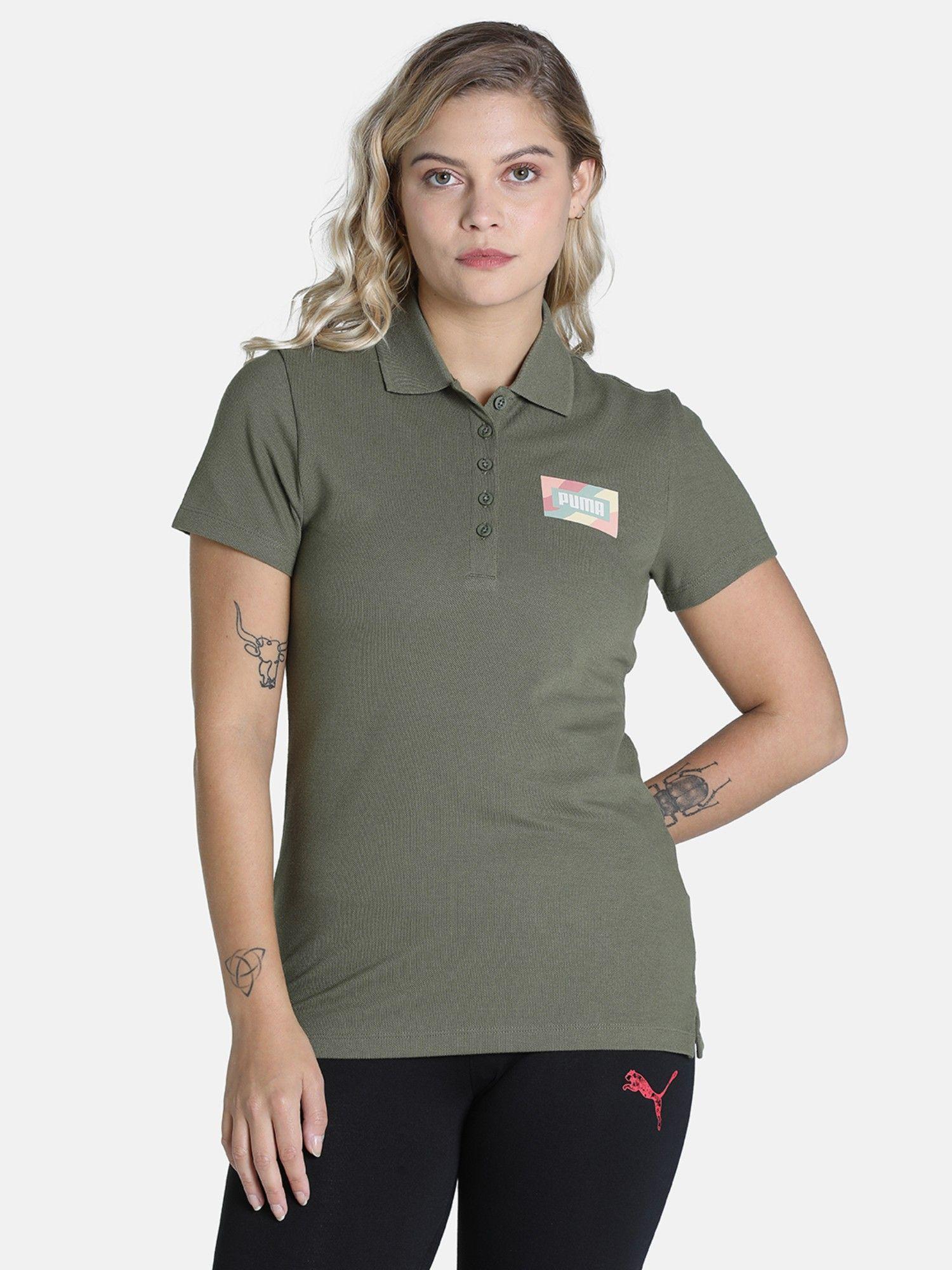 wavy box graphic women green polo t-shirt