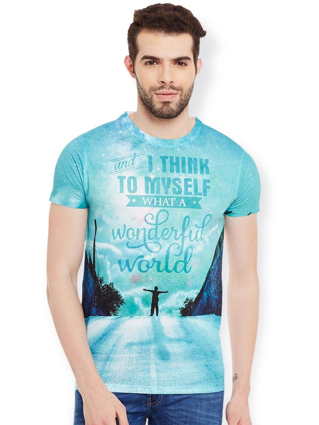 wear your mind men blue & white printed round neck t-shirt