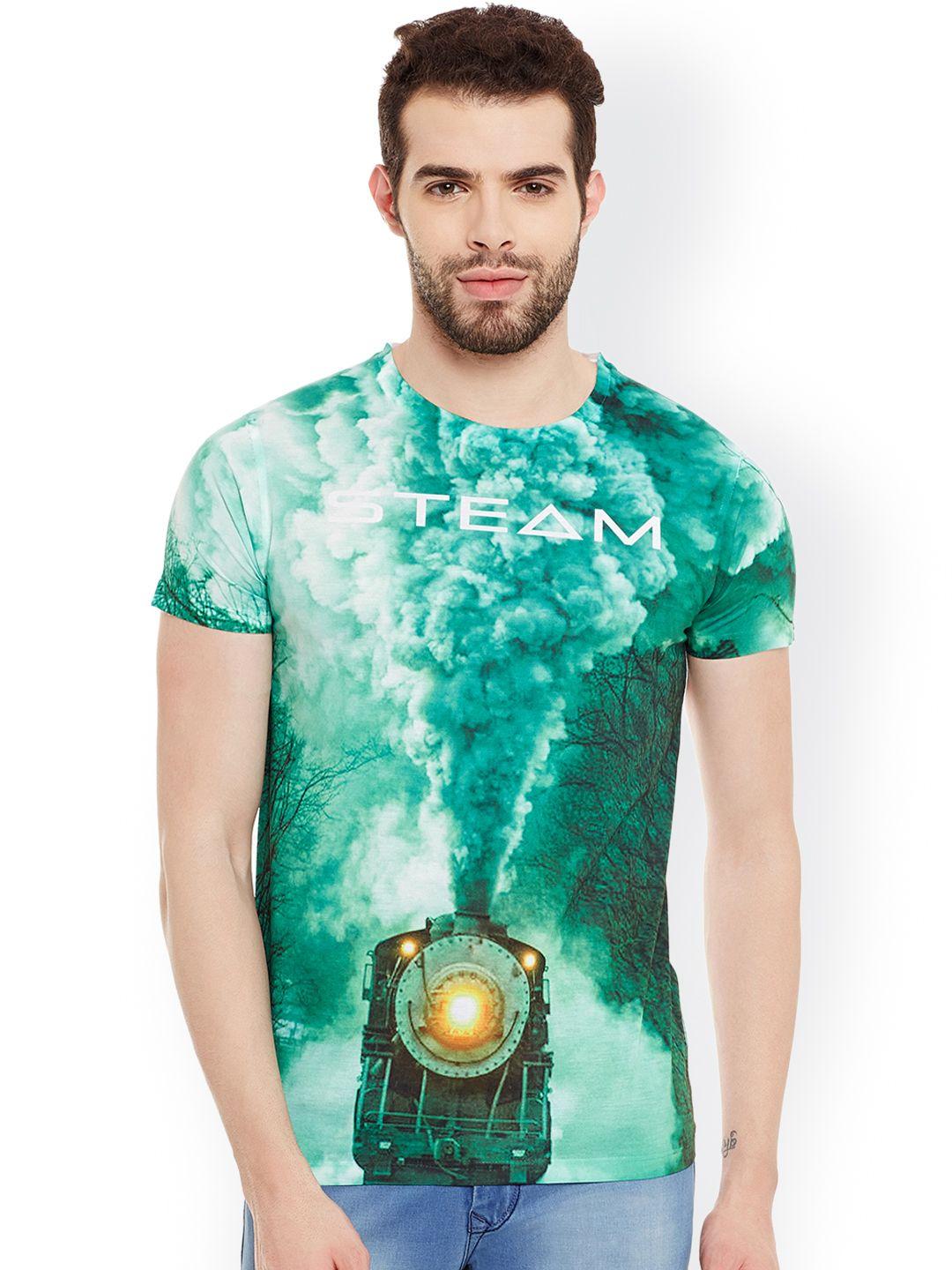 wear your mind men green & white printed round neck t-shirt