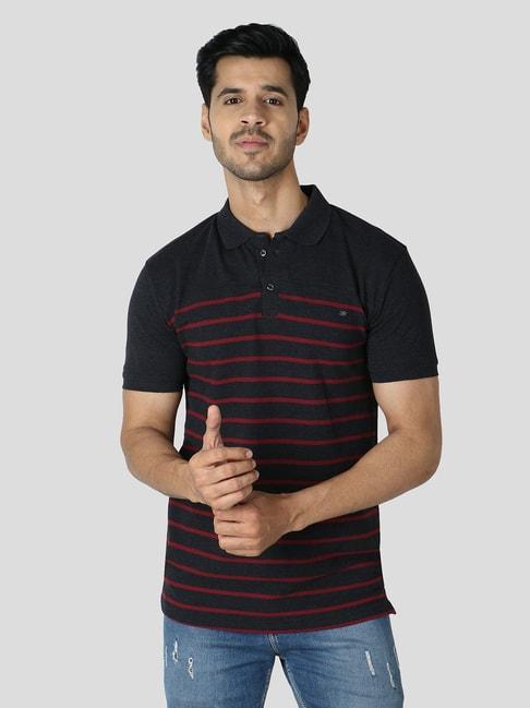 weardo dark grey & red regular fit striped polo t-shirt