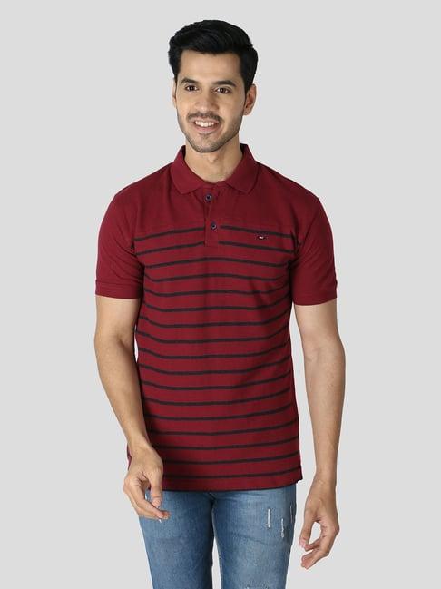 weardo maroon regular fit striped polo t-shirt