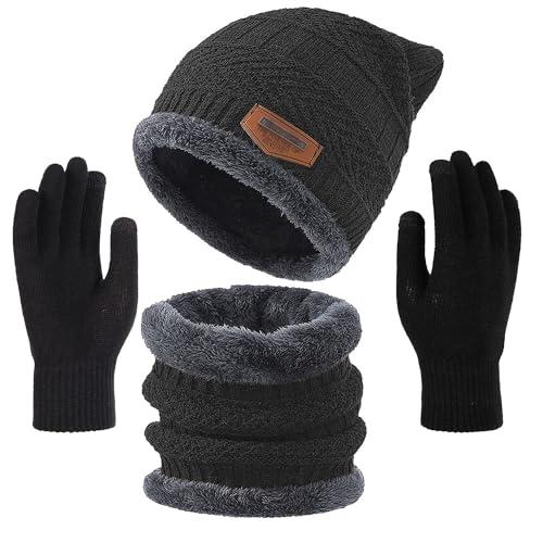 wearslim wool winter beanie casual style hats scarf gloves set, winter warm knit skull cap with gloves, neck warmer for men women - black, free size