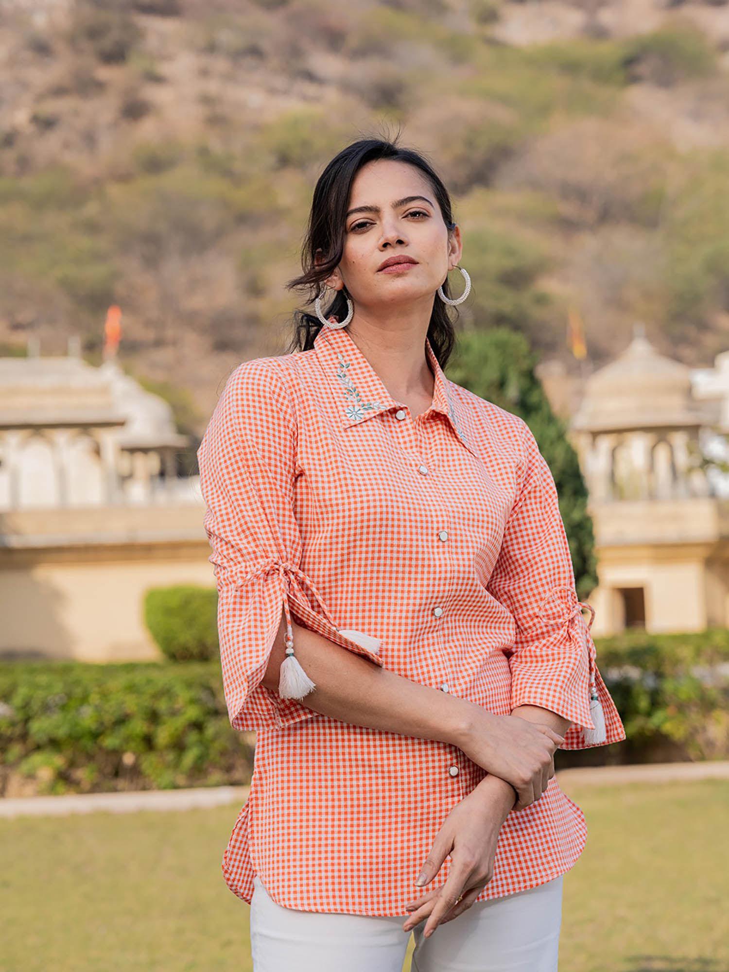 weaved orange cotton checks printed top with embroidery