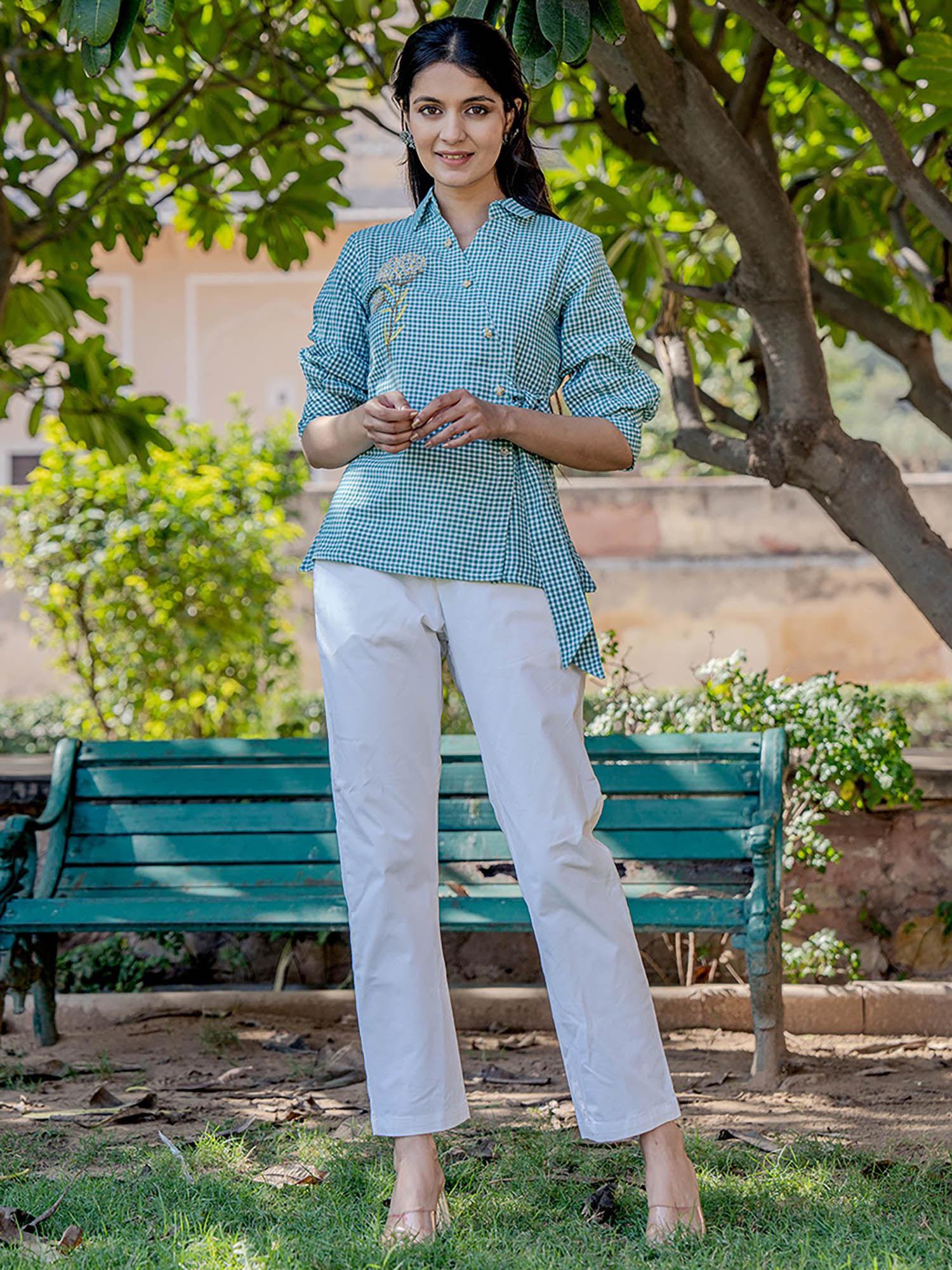 weaved sea green cotton checks printed top