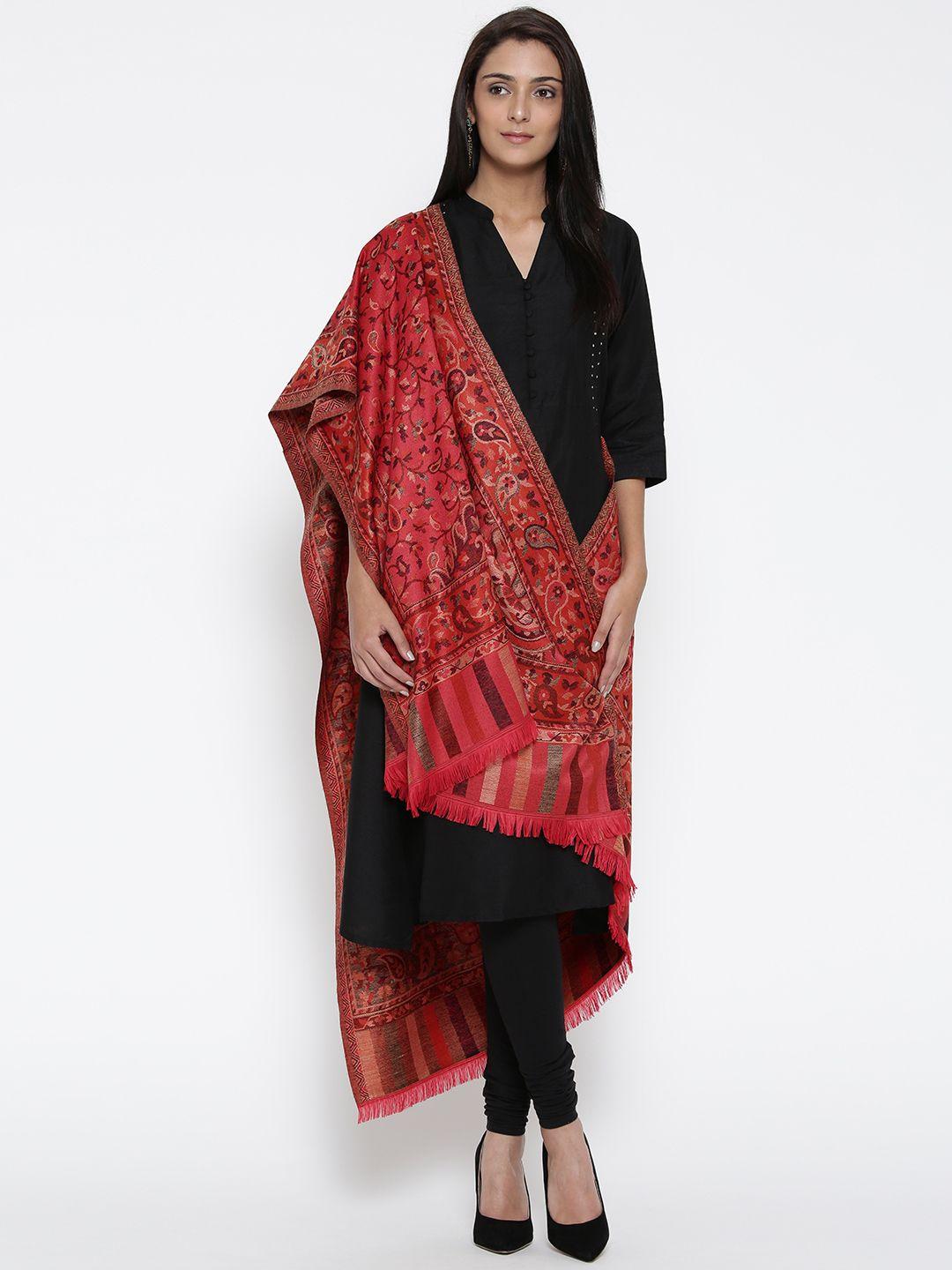 weavers villa coral red & beige woven design shawl