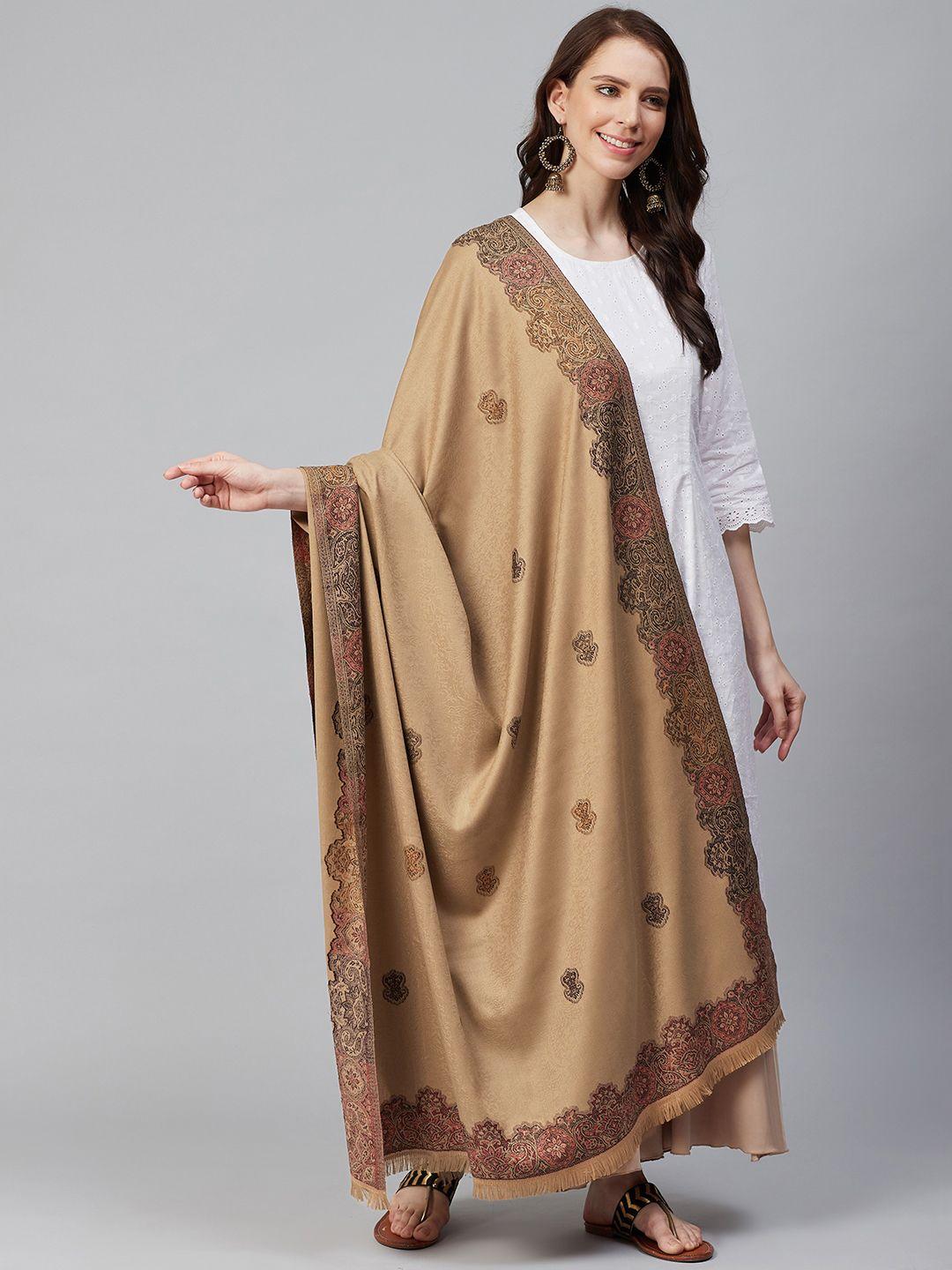 weavers villa women beige & brown woven design shawl