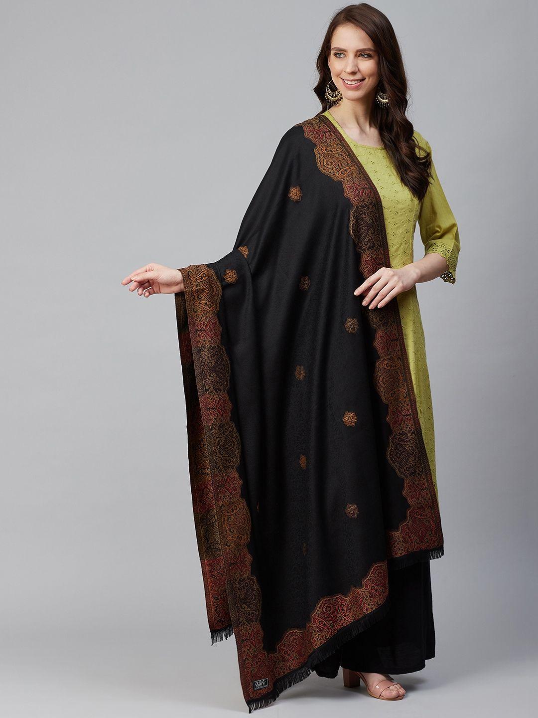 weavers villa women black & orange woven design shawl