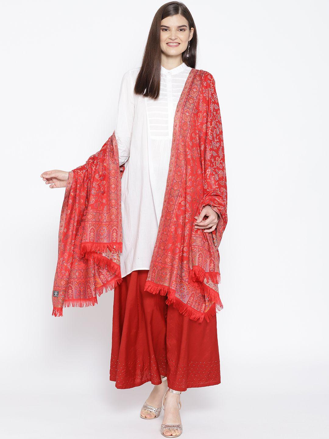 weavers villa women red & grey woven design shawl