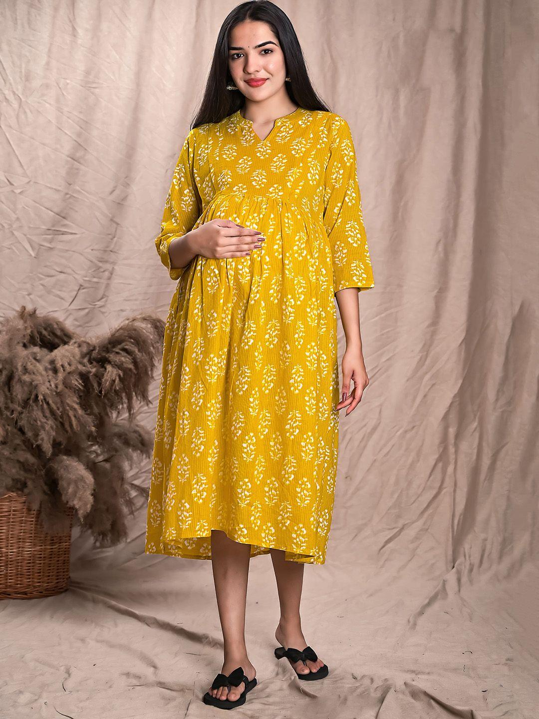 weavers saga ethnic motifs printed pure cotton fit & flared maternity midi dress