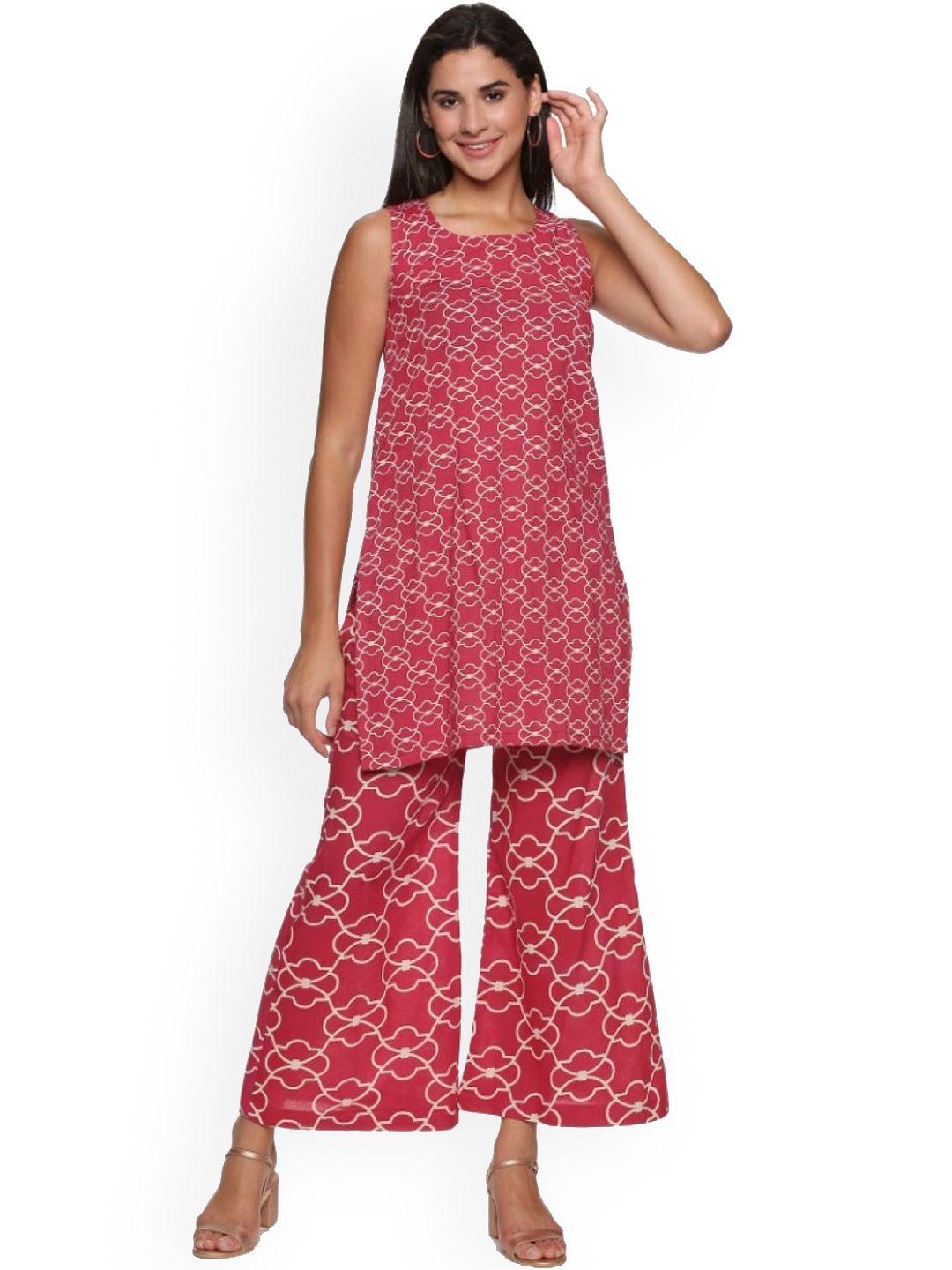 weavers saga ethnic motifs printed sleeveless pure cotton kurta with palazzos