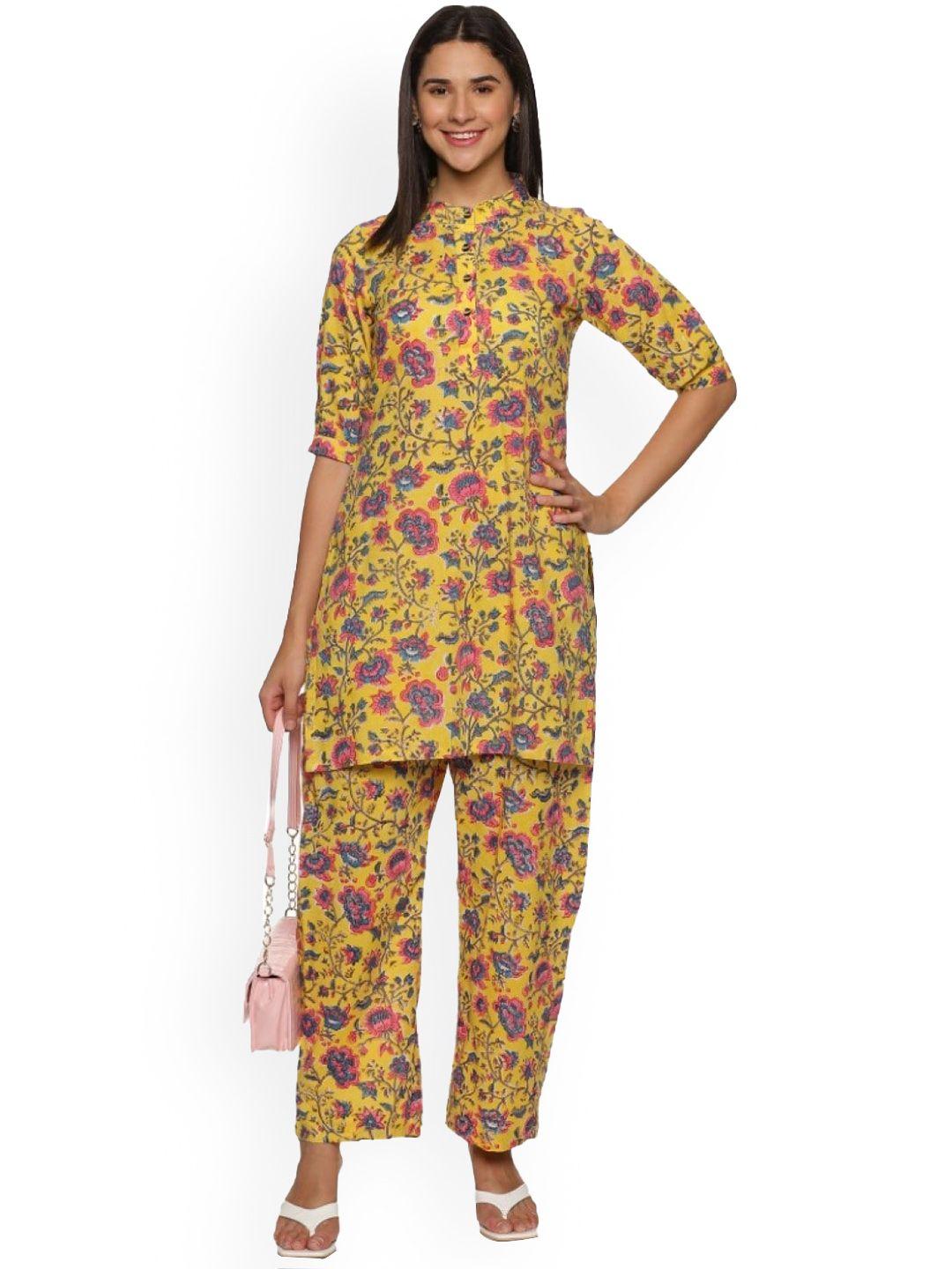 weavers saga floral printed mandarin collar pure cotton kurti with trousers