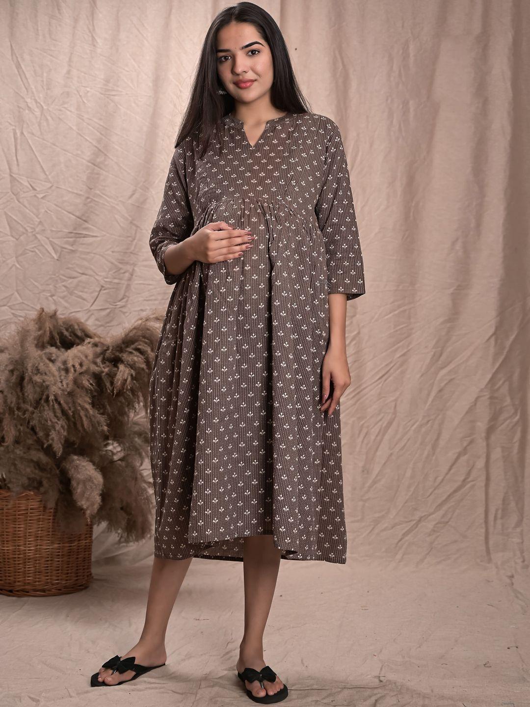 weavers saga floral printed pure cotton fit & flared midi maternity dress