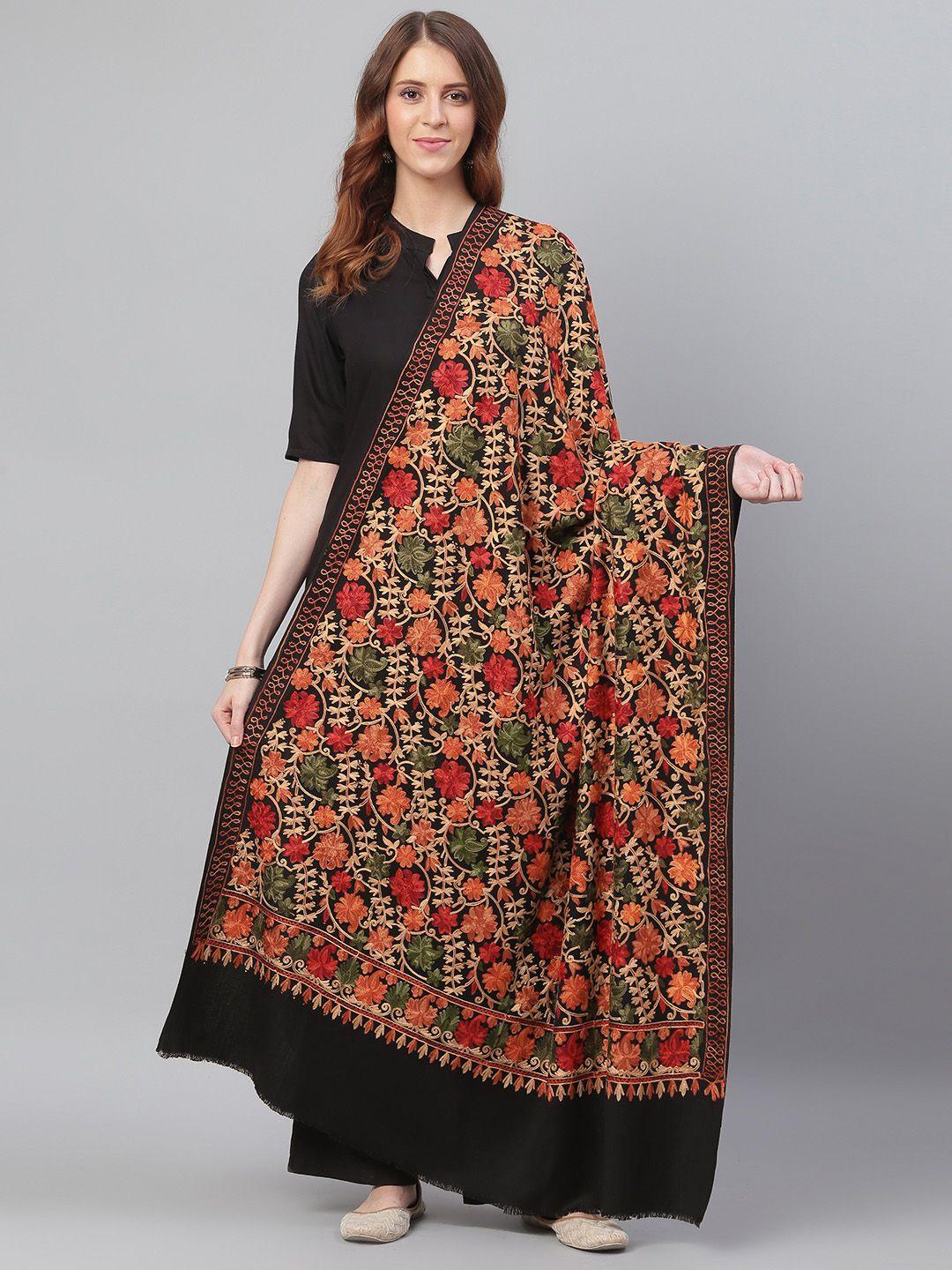 weavers villa black & orange floral embroidered shawl