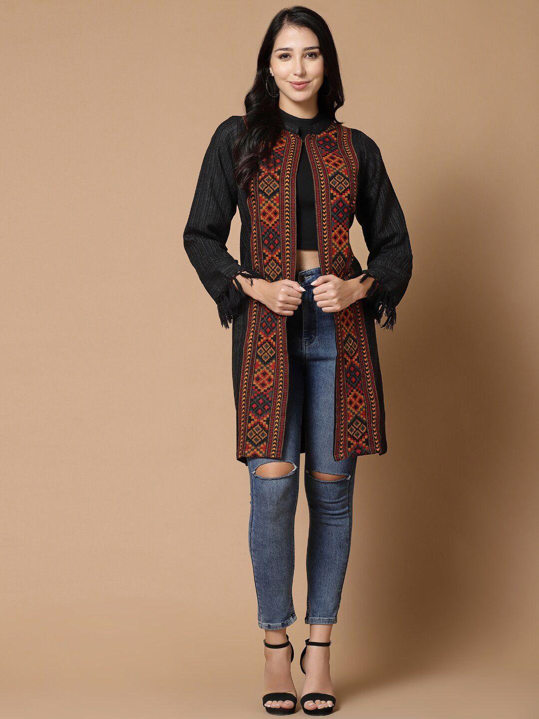 weavers villa ethnic motifs printed longline front open sweater