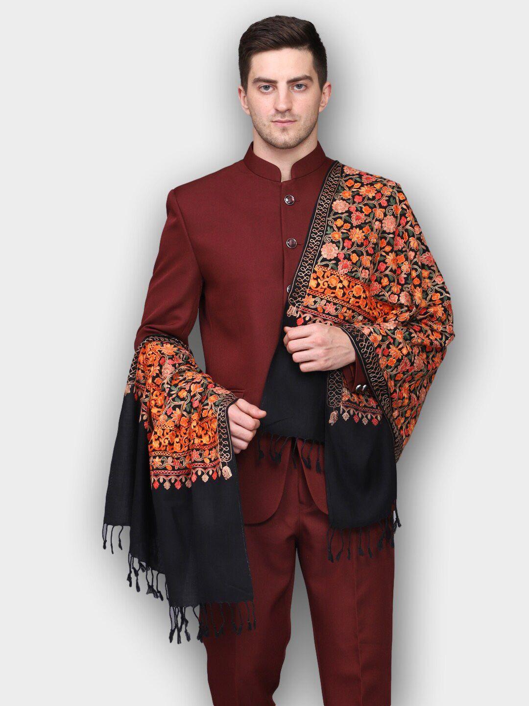 weavers villa men black & orange embroidered stole