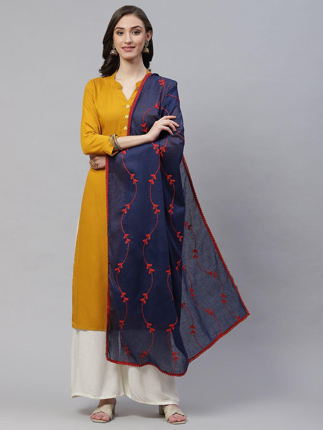 weavers villa navy blue & red embroidered dupatta