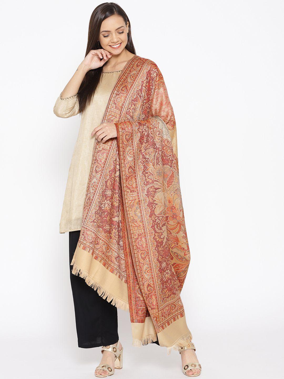 weavers villa women beige & maroon woven design shawl