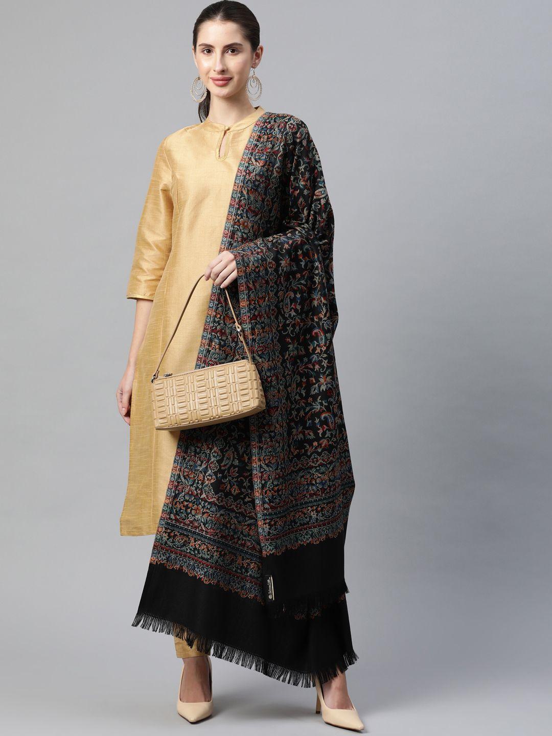 weavers villa women black & teal ethnic motifs embroidered shawl