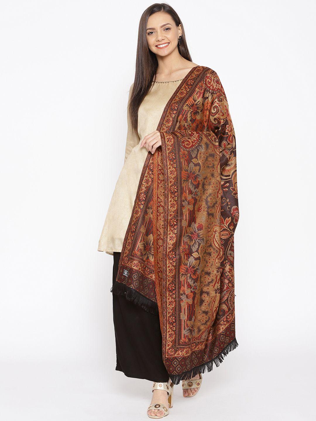 weavers villa women brown & maroon woven design shawl
