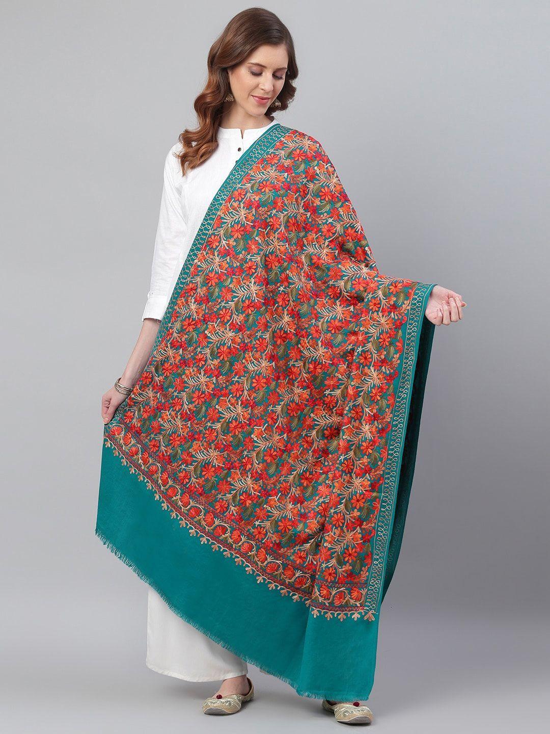 weavers villa women green & red embroidered shawl