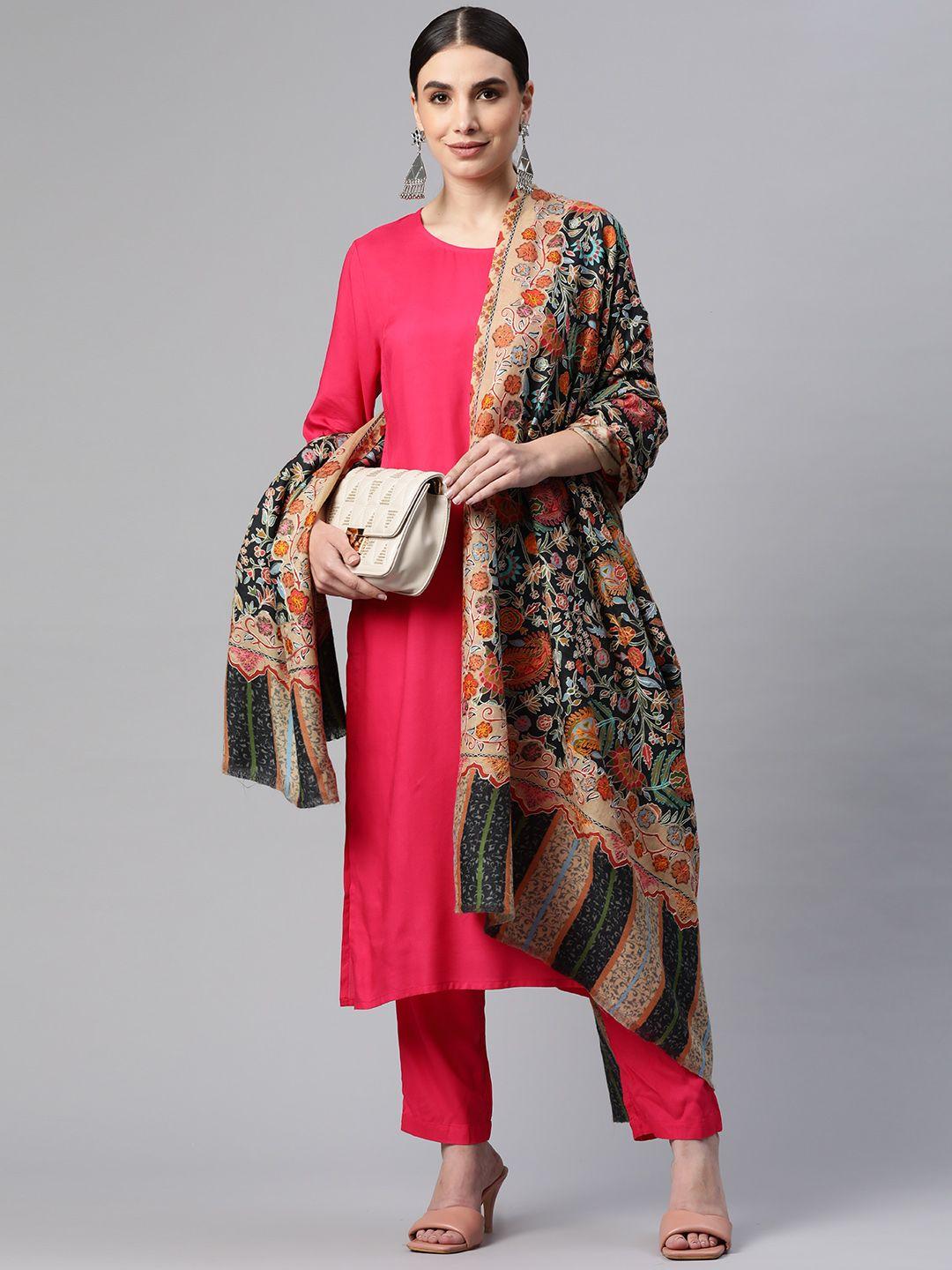 weavers villa women multicoloured ethnic motif embroidered woollen shawl