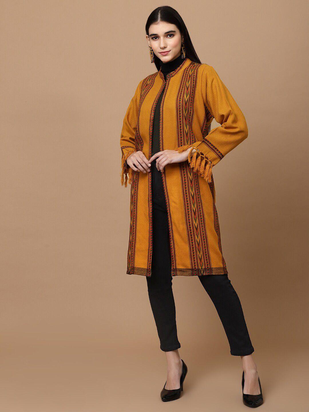 weavers villa women mustard floral printed cashmere longline cardigan with fringed detail