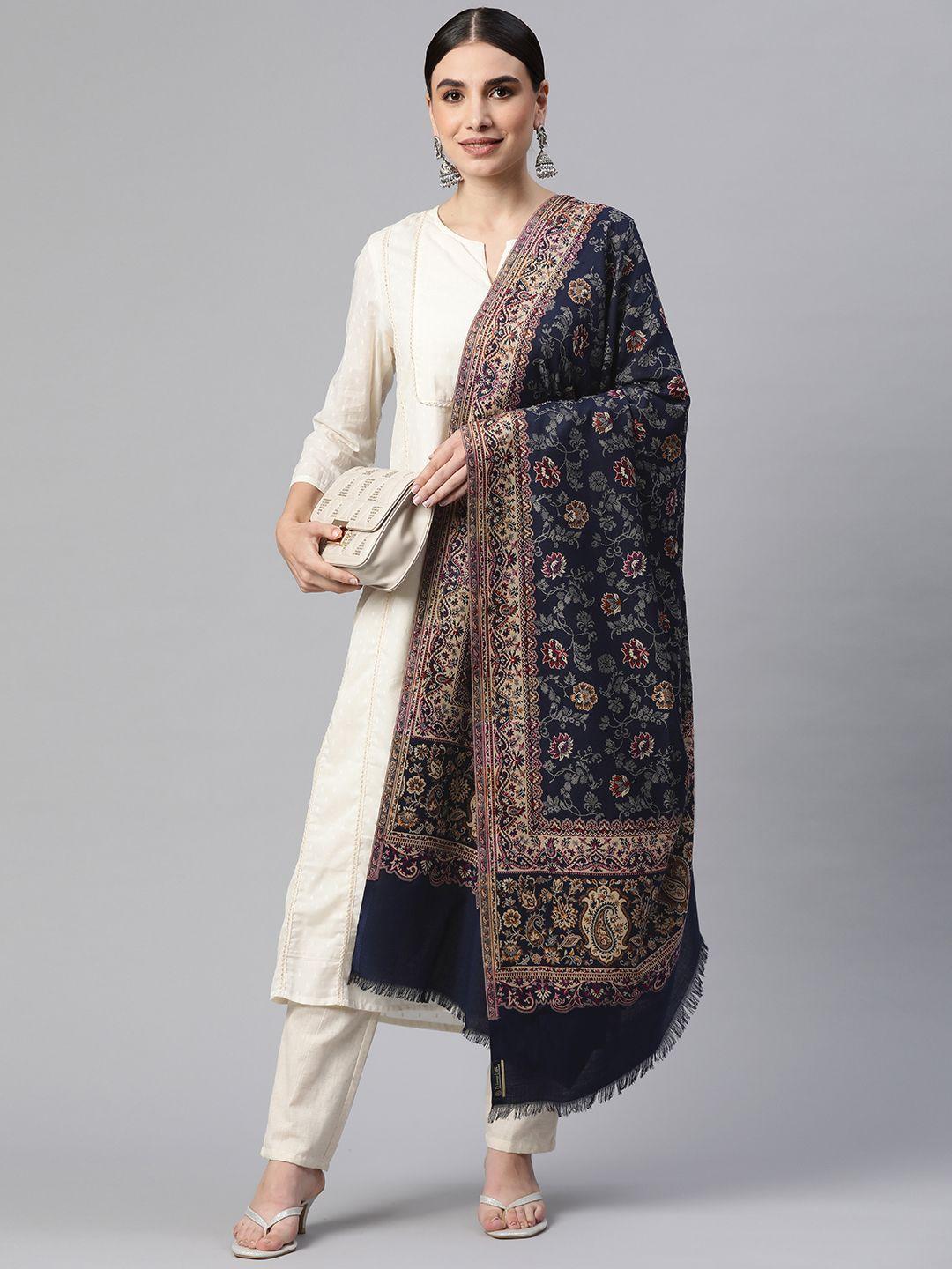 weavers villa women navy blue & beige floral woven design woollen shawl