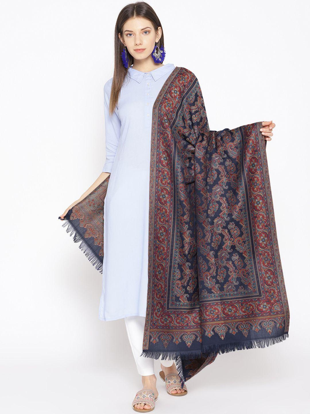 weavers villa women navy blue woven design shawl