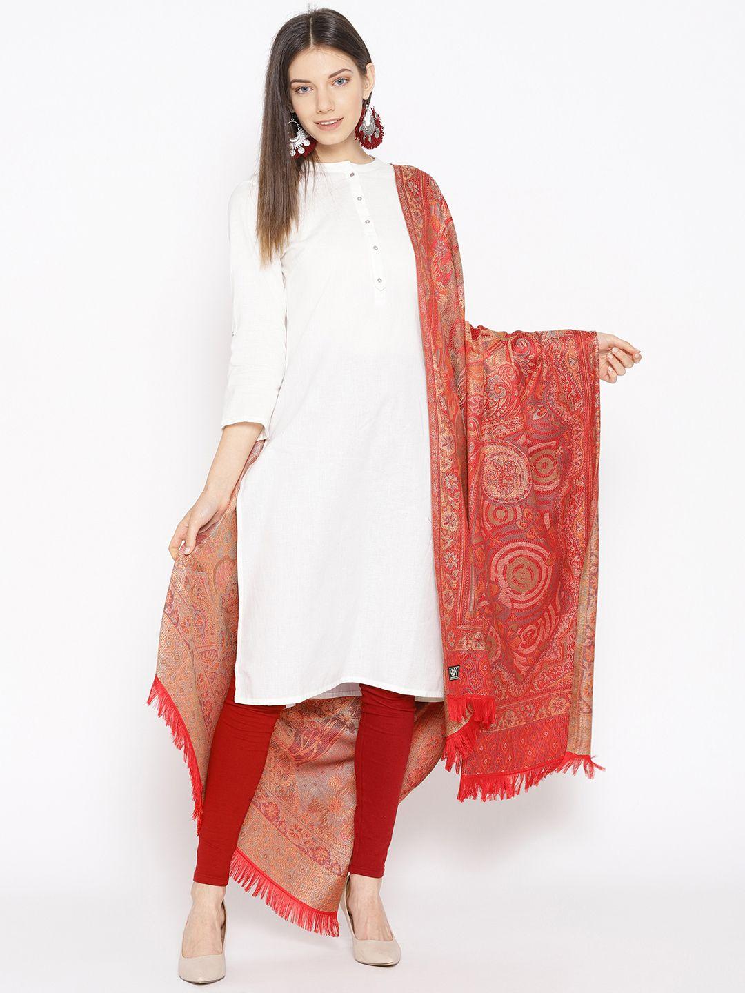 weavers villa women red & beige woven design shawl