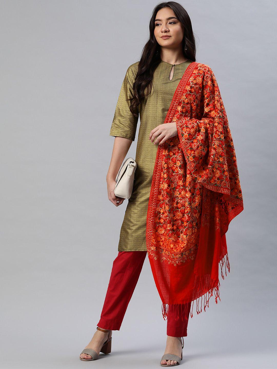 weavers villa women red aari embroided shawl