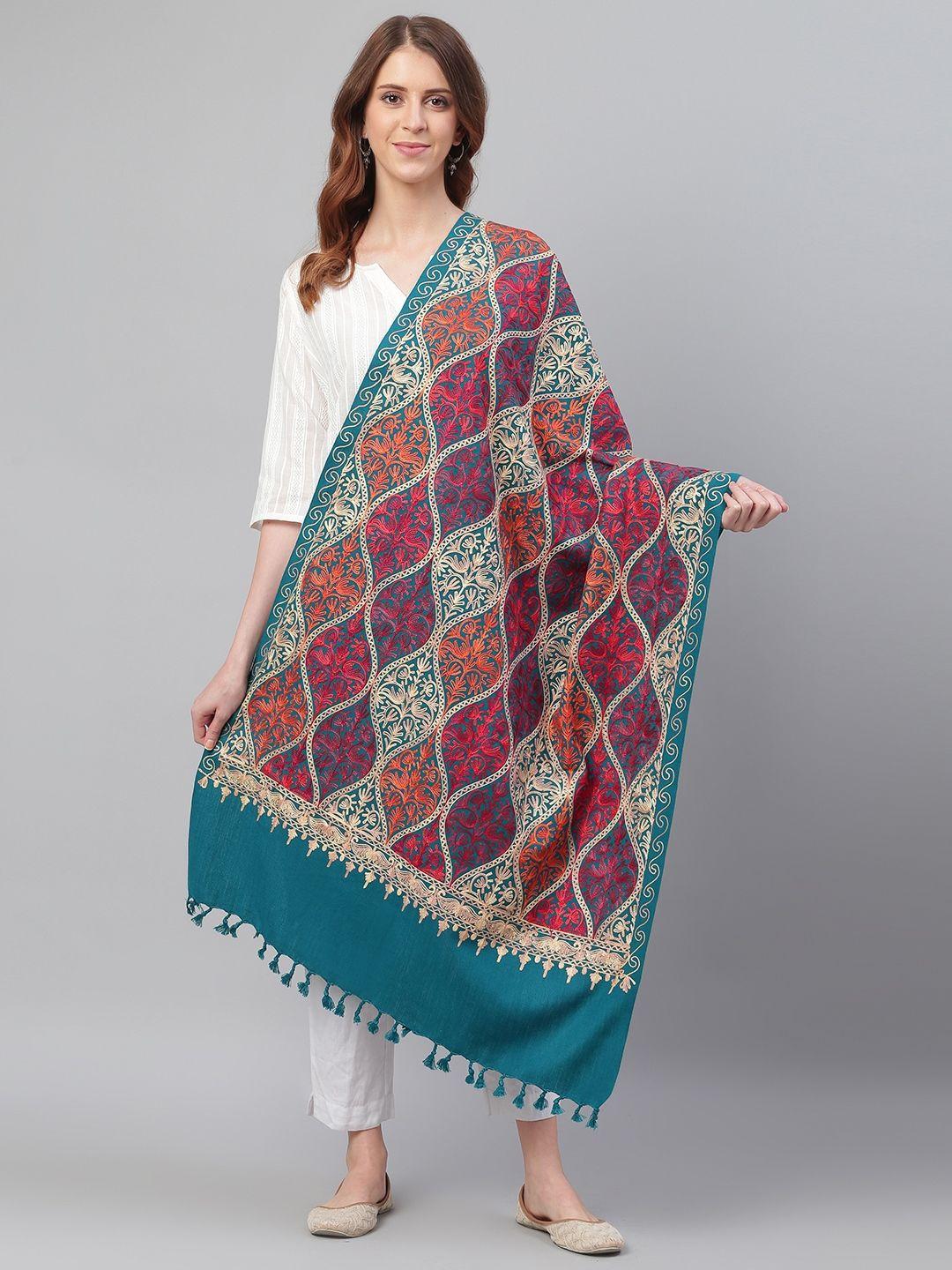 weavers villa women teal blue & beige embroidered shawl