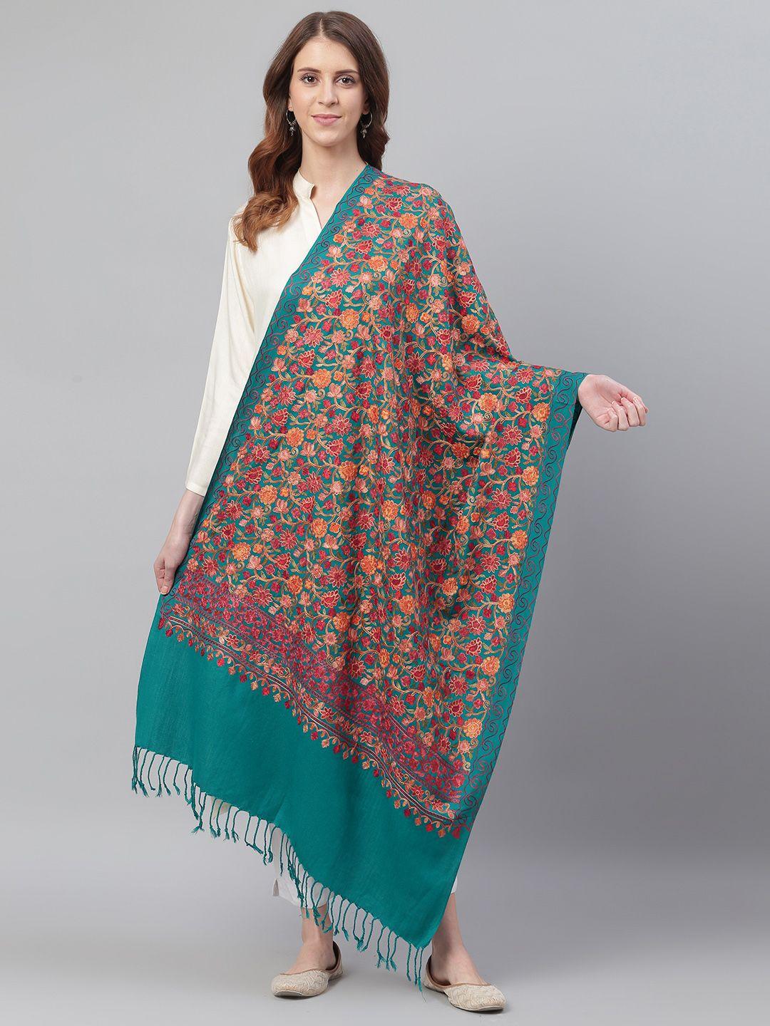 weavers villa women teal green & orange embroidered shawl