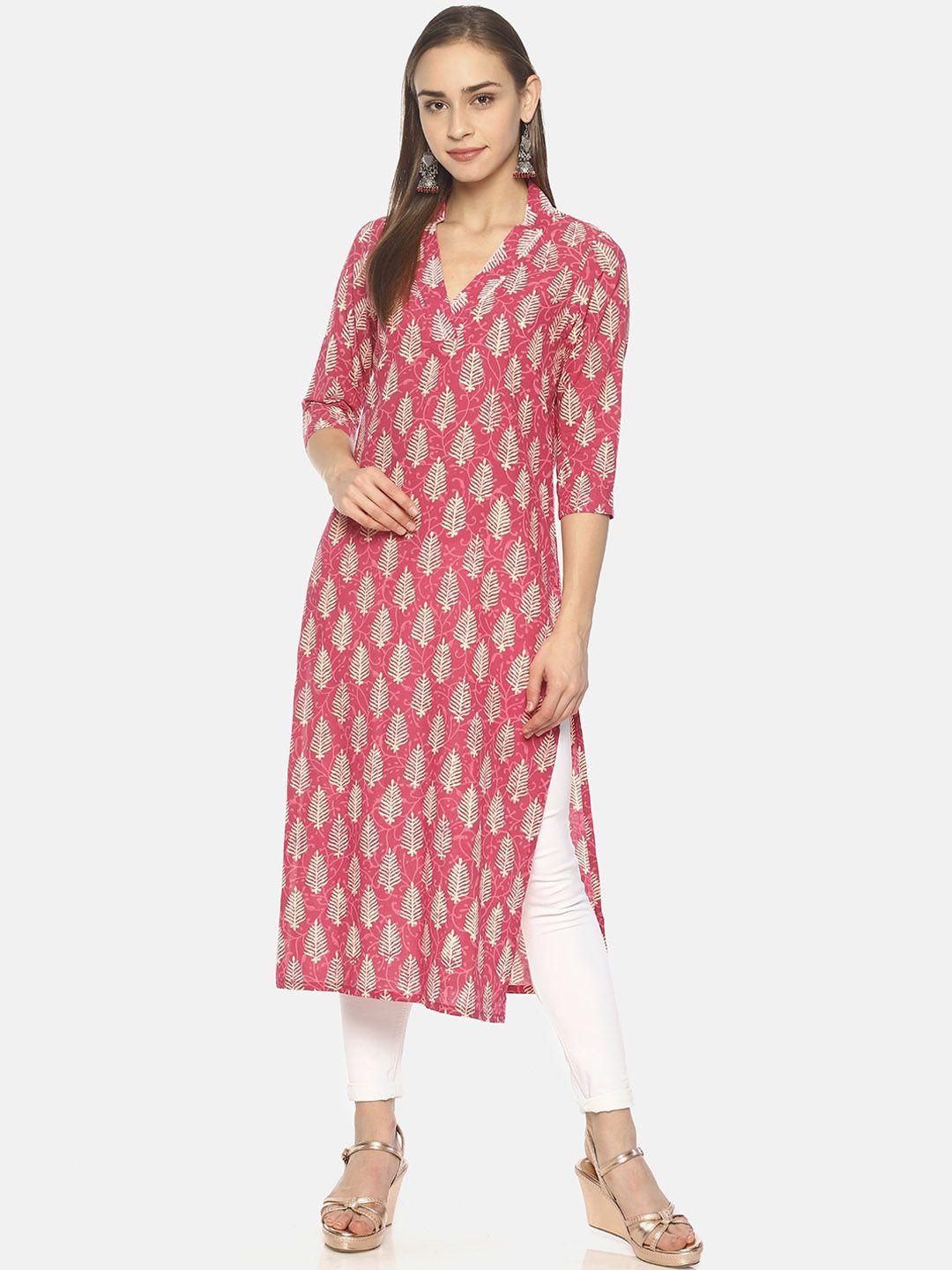 weaves of tradition ethnic motifs printed v-neck calf length pure cotton straight kurta