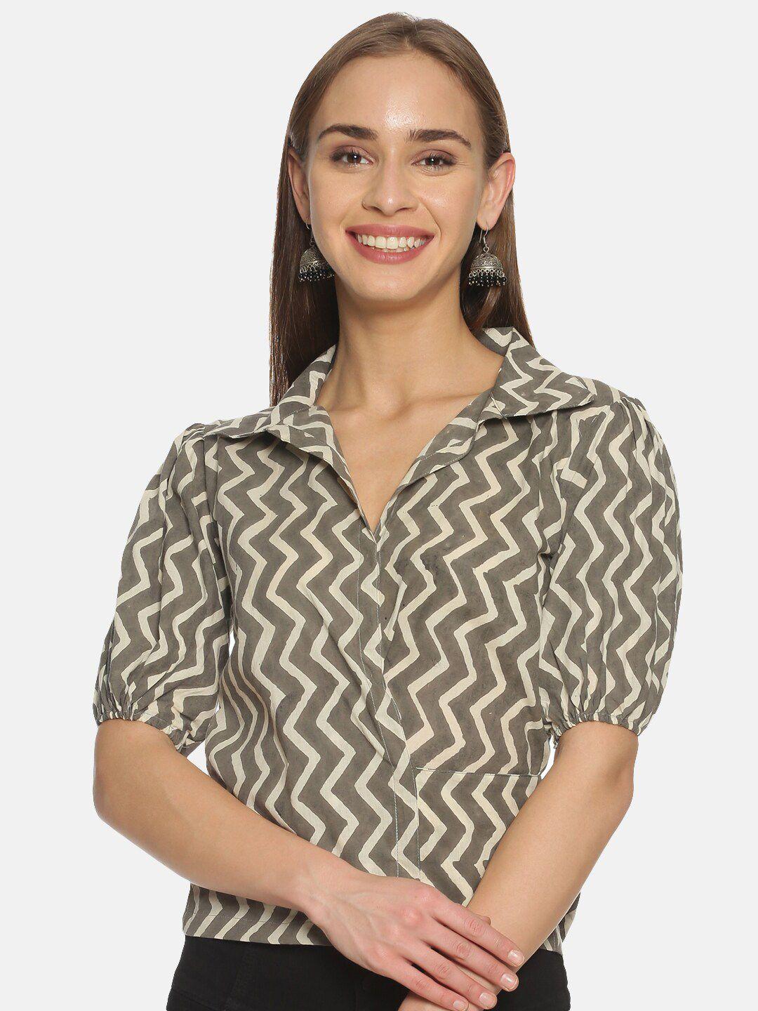 weaves of tradition geometric print puff sleeve cotton shirt style top