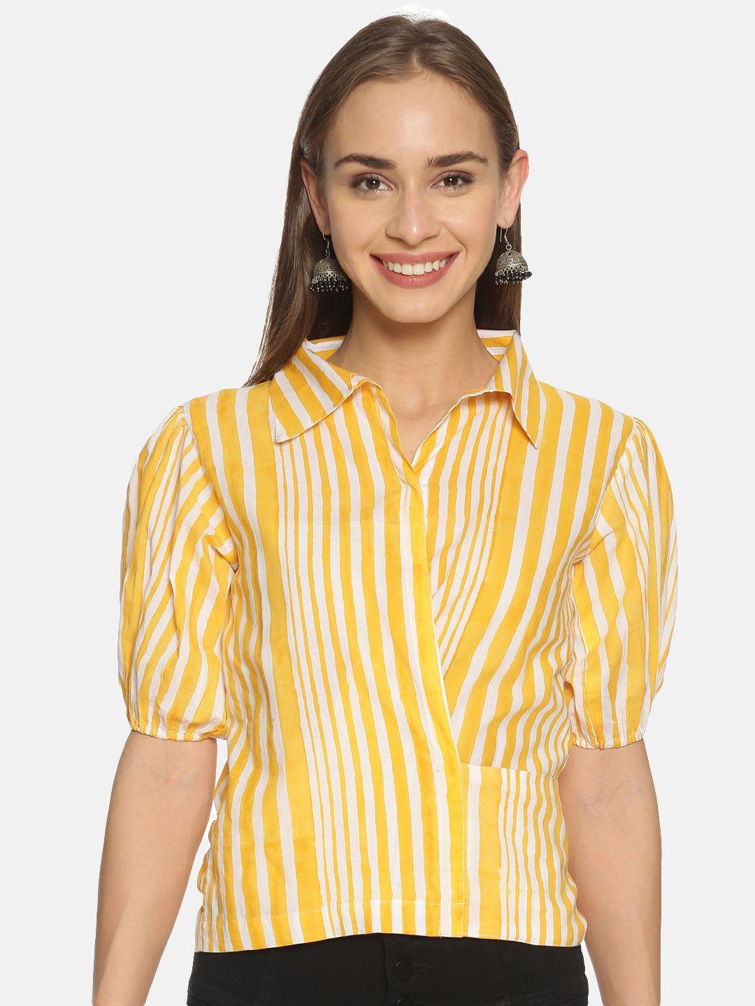 weaves of tradition striped puff sleeve cotton shirt style top