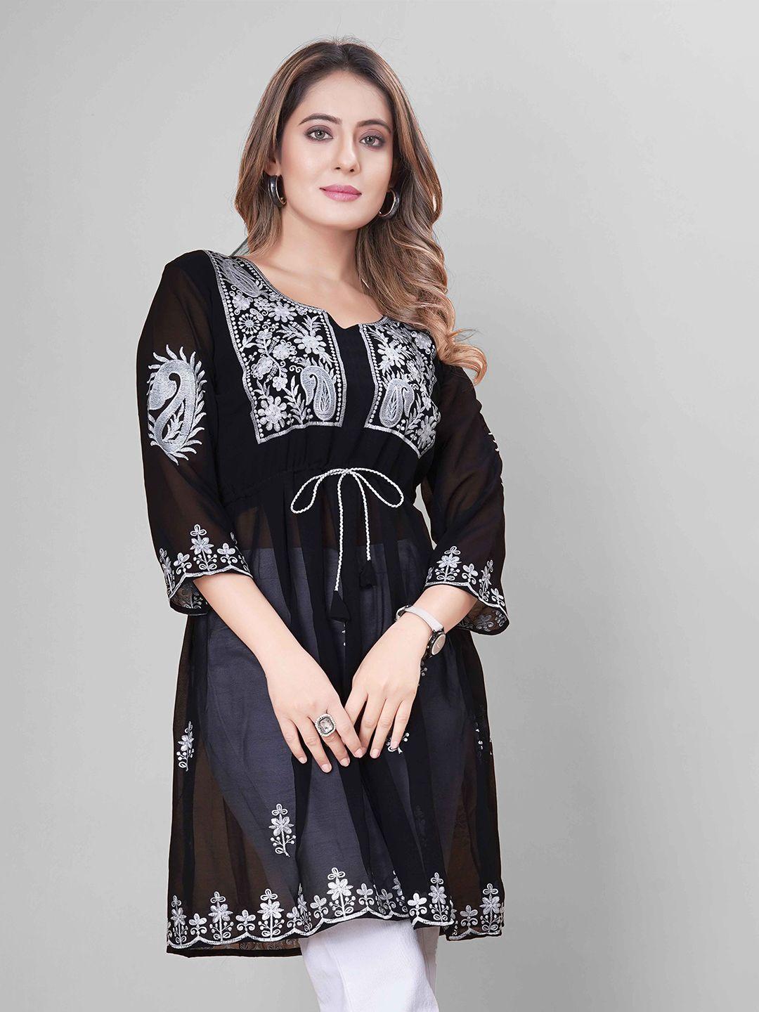 weavetech impex heavy embroidered work longline pure georgette pleated top