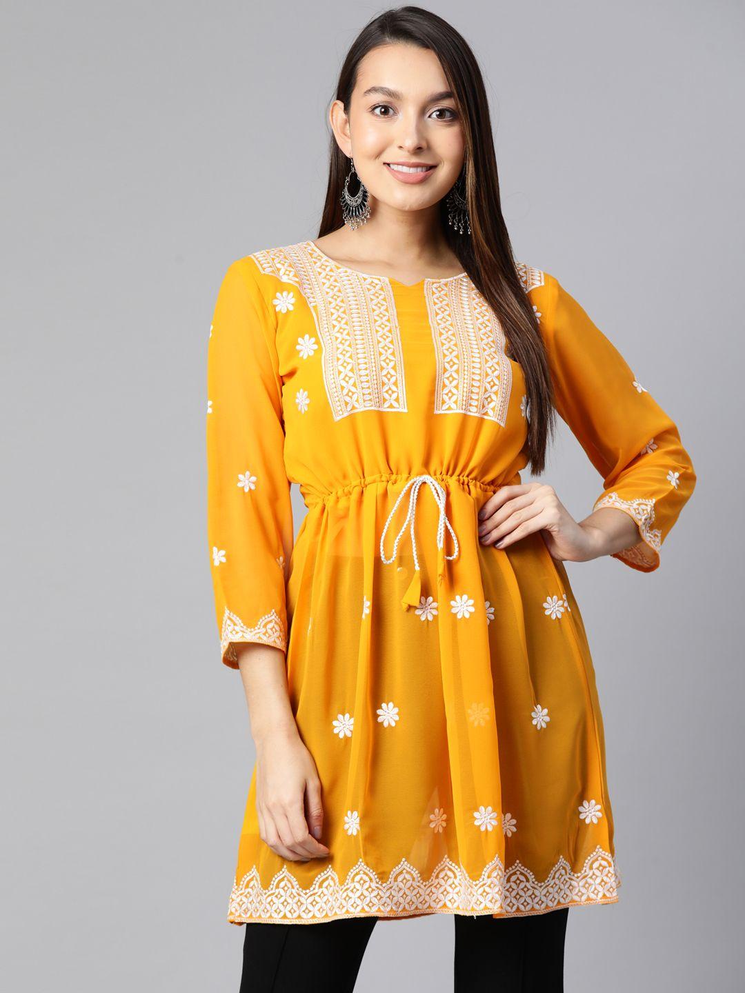 weavetech impex ethnic motifs embroidered pure georgette pleated kurti