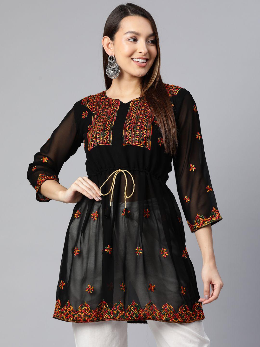 weavetech impex floral embroidered pure georgette pleated kurti