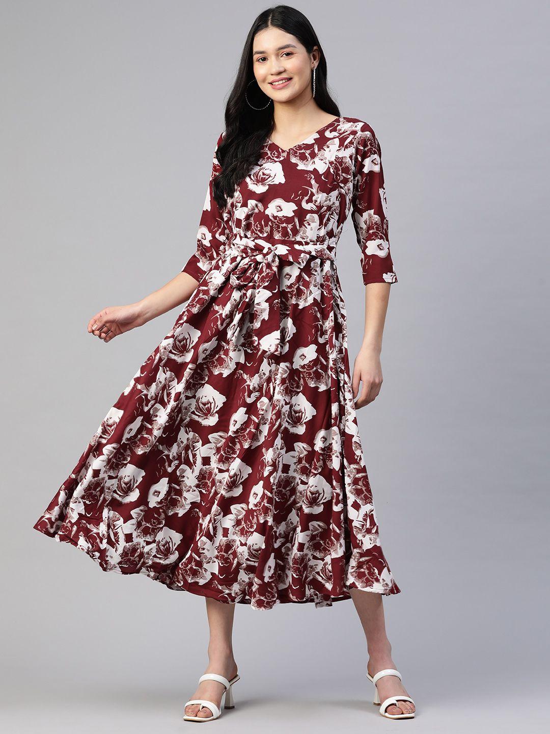 weavetech impex maroon & white floral georgette a-line midi dress