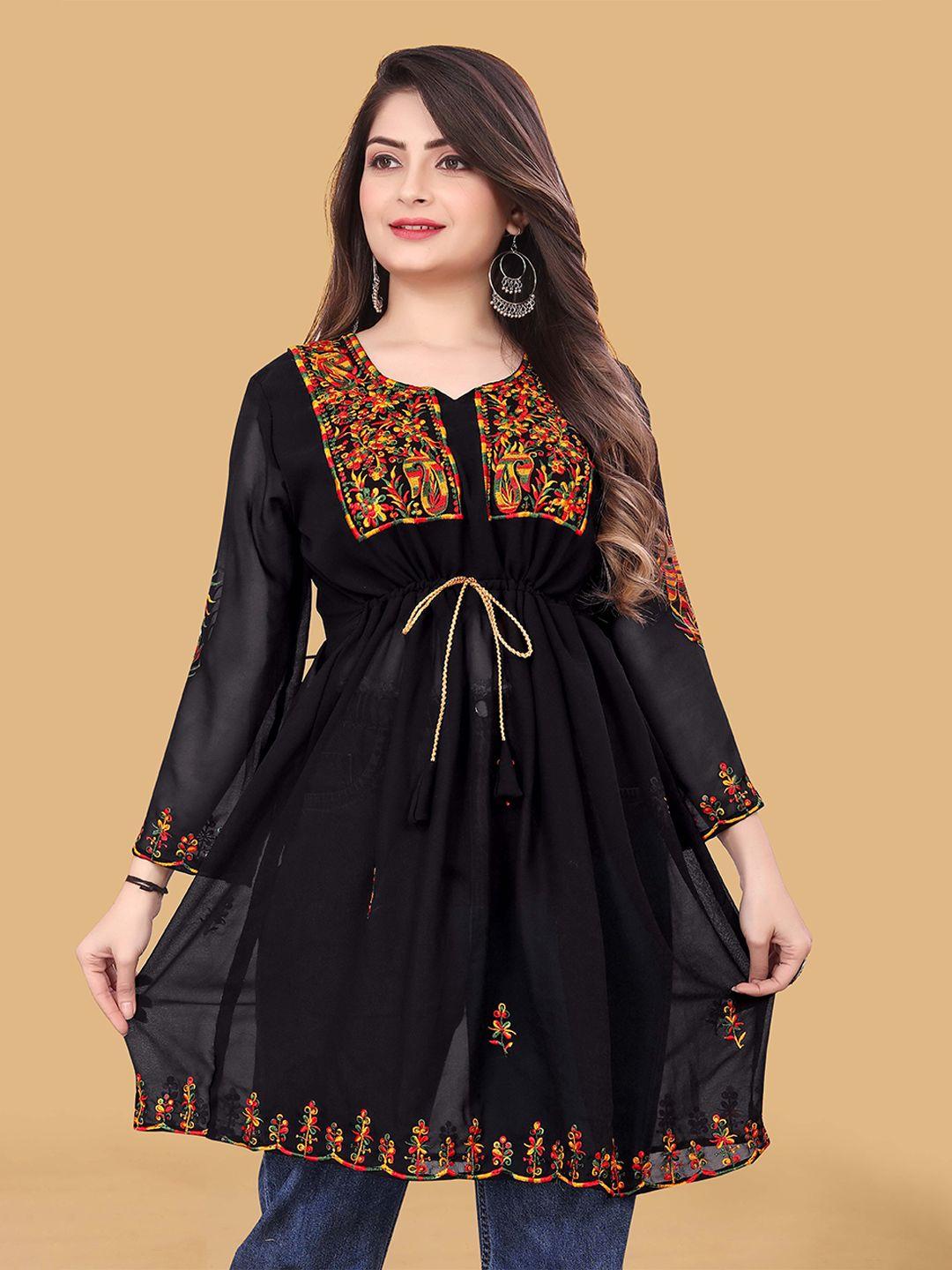 weavetech impex women black & orange embroidered georgette longline top