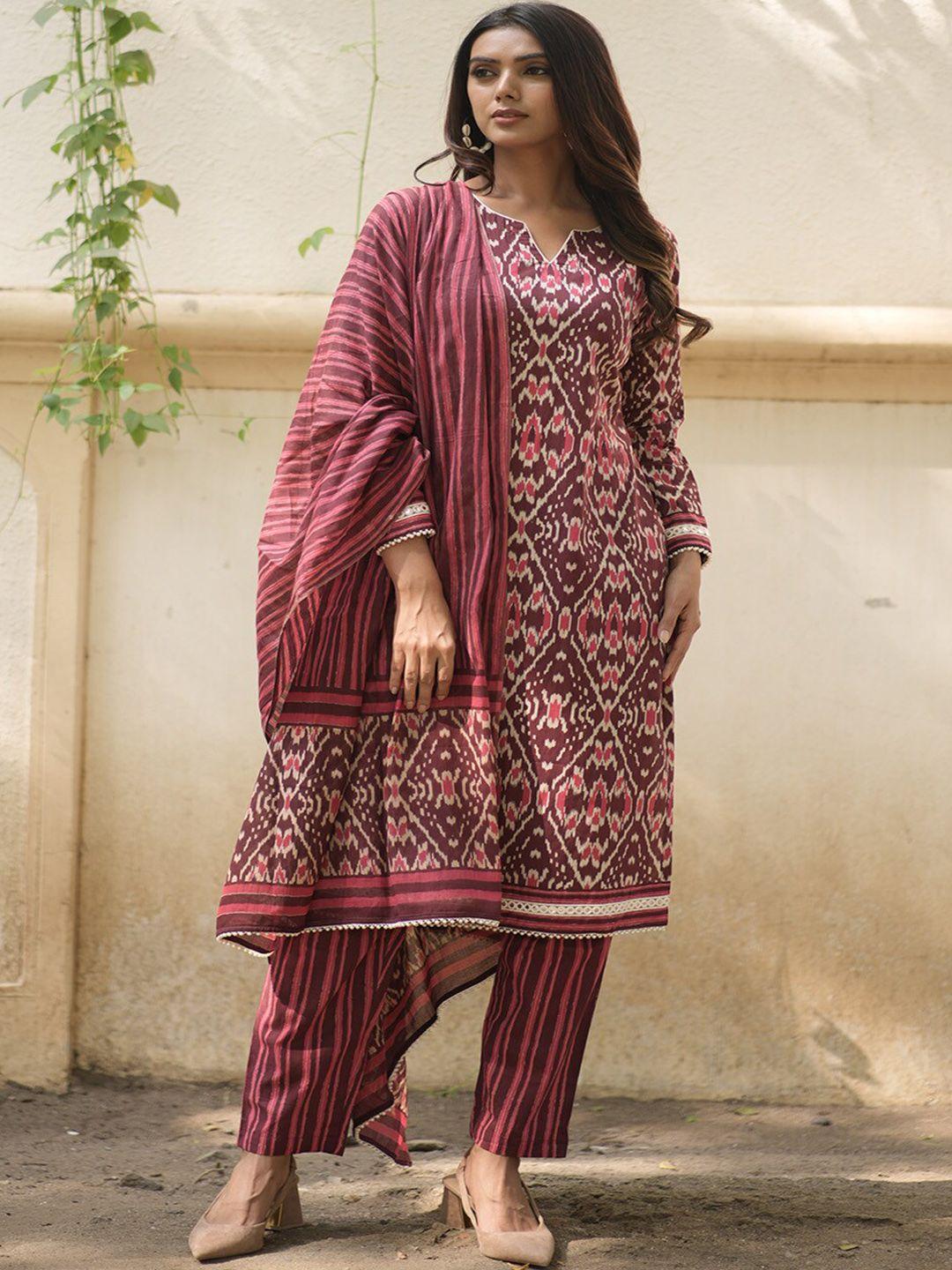 weavllite ethnic motifs printed pure cotton straight kurta with trousers & dupatta