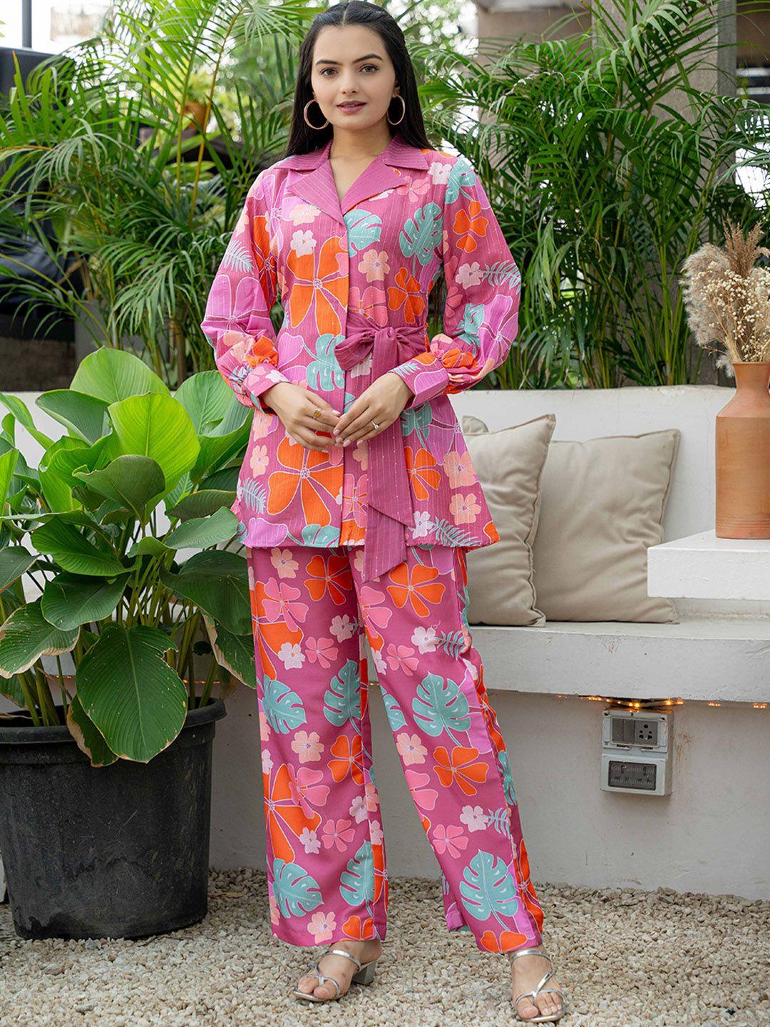 weavllite floral printed sequinned shirt & trousers co-ords set