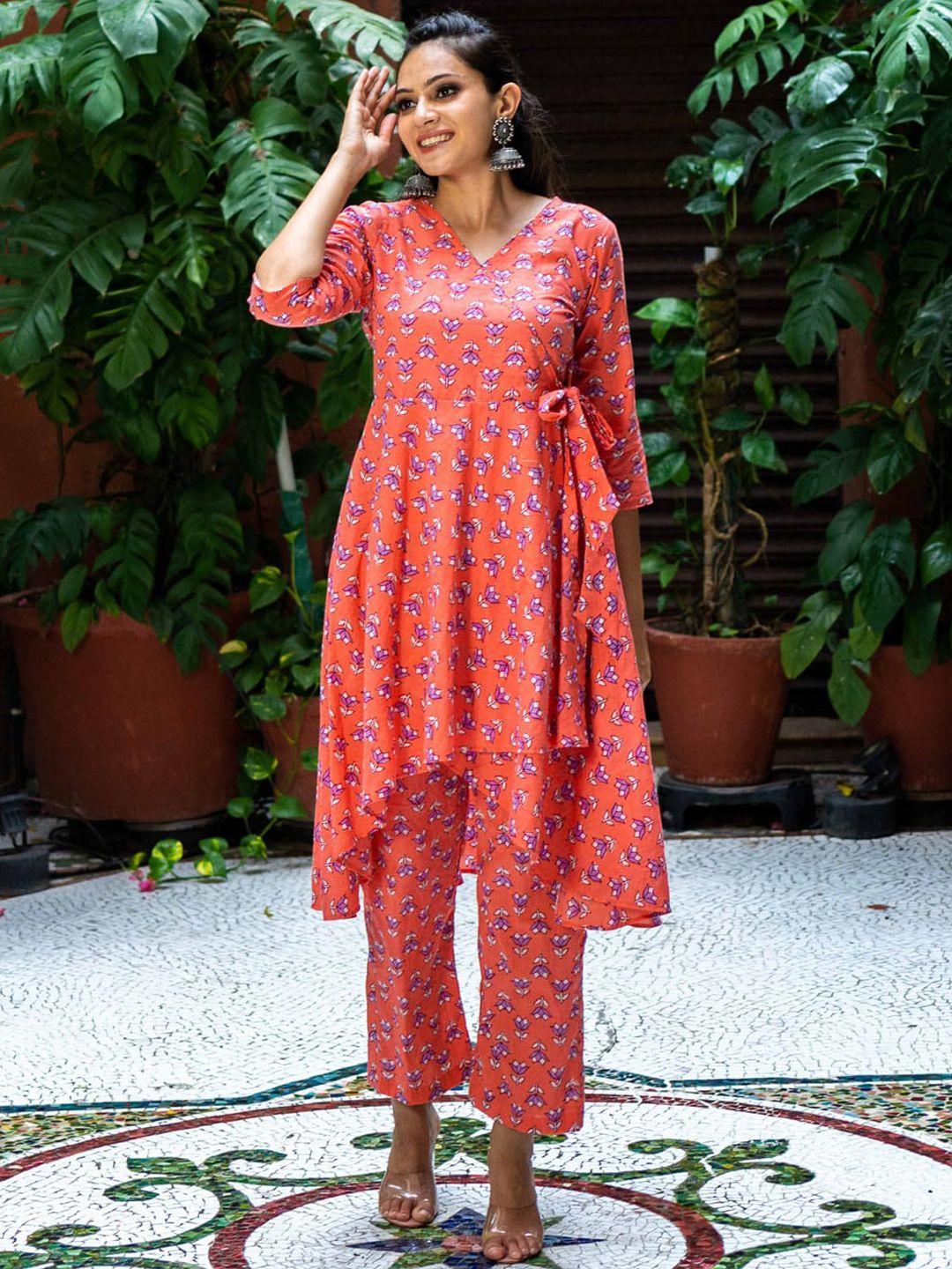 weavllite ethnic motifs printed pure cotton a line kurta with trousers
