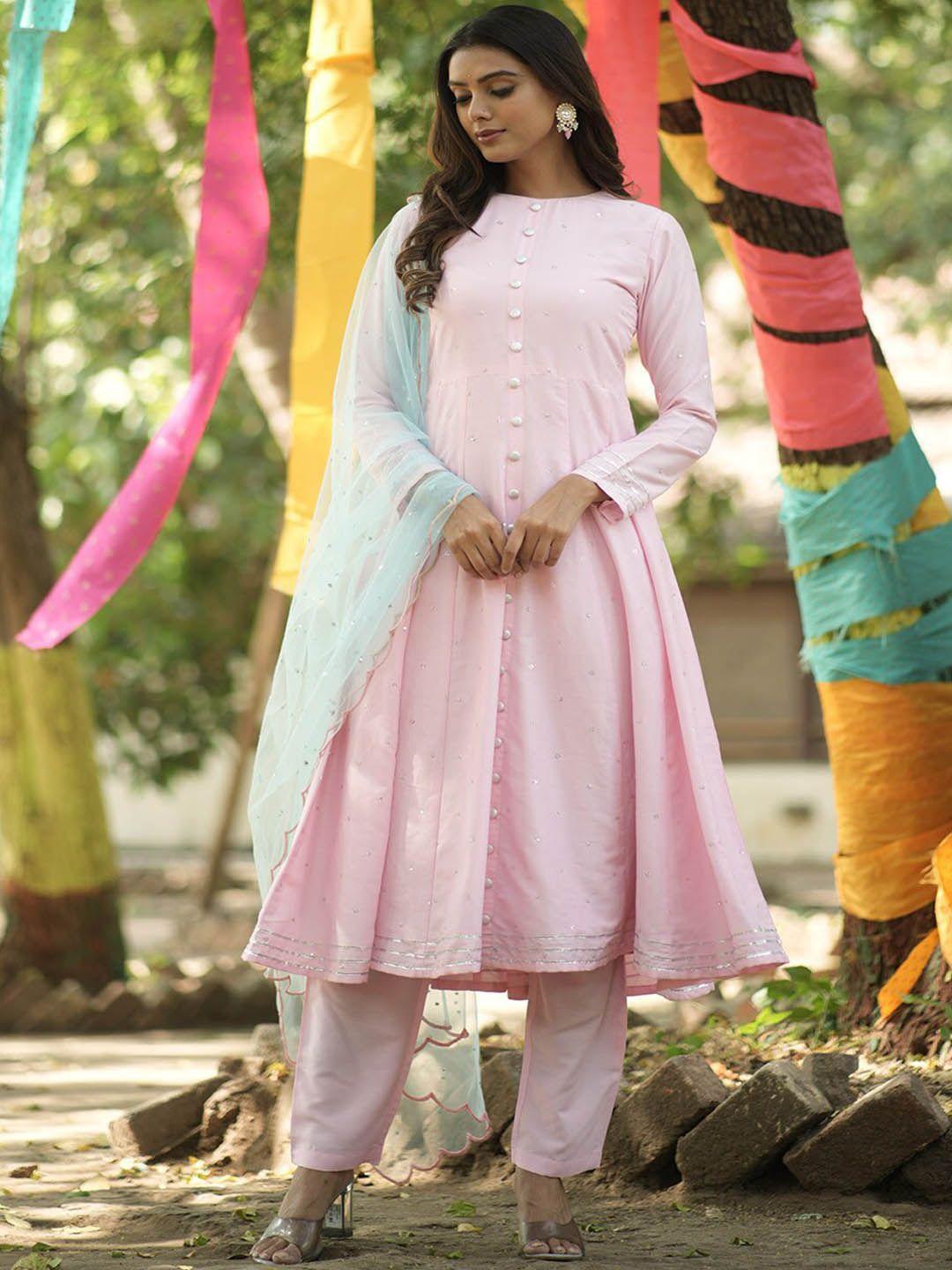 weavllite floral embroidered anarkali kurta with trousers & dupatta