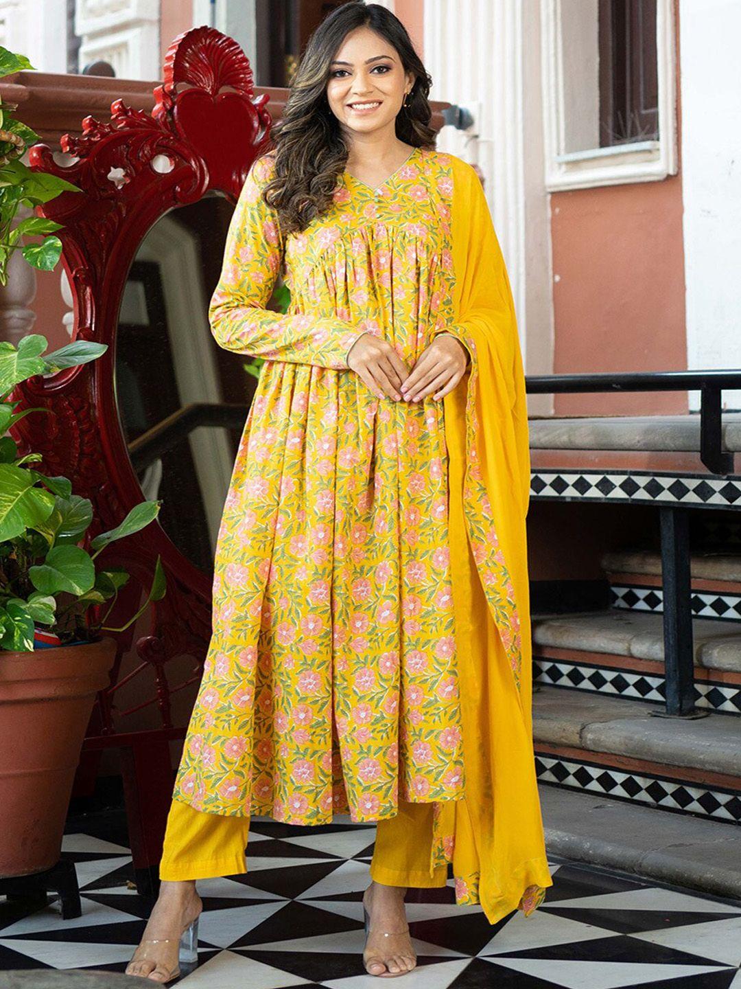 weavllite floral printed empire pure cotton kurta with trousers & with dupatta