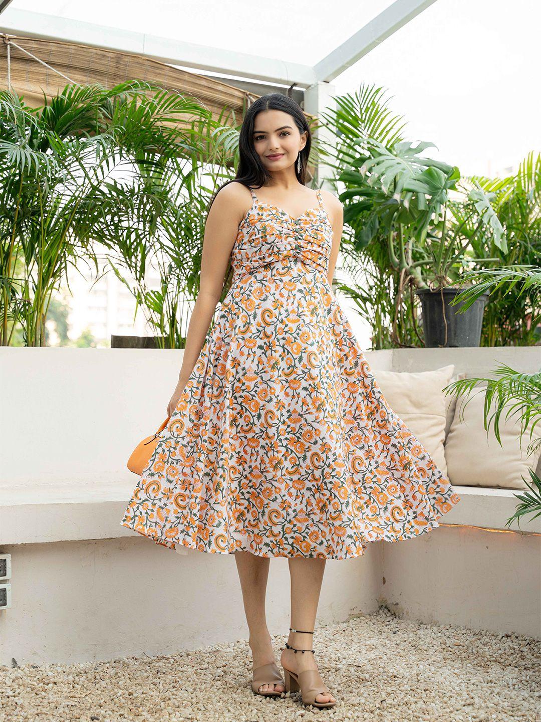 weavllite floral printed gathered midi fit & flare dress