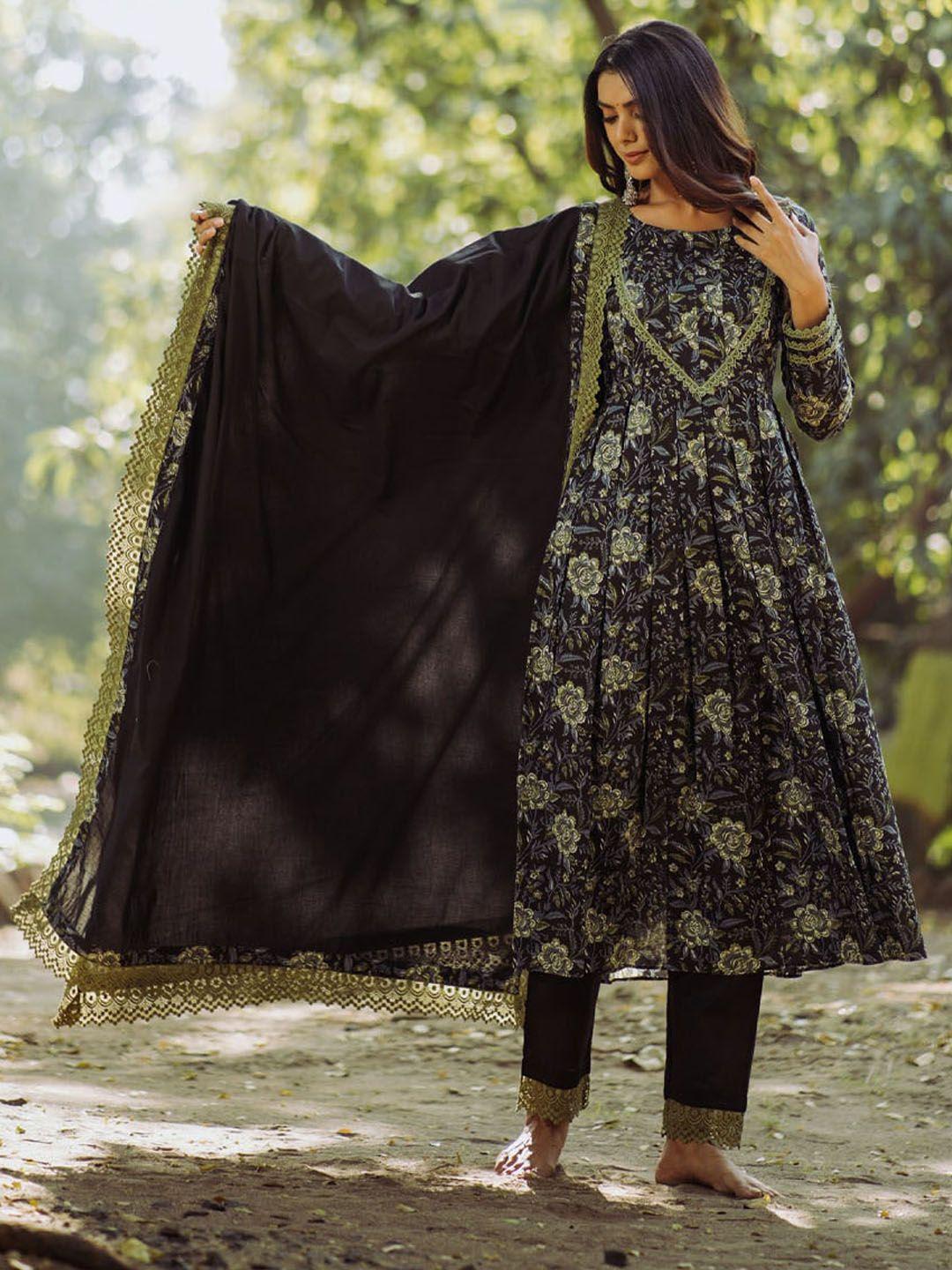 weavllite floral printed pleated pure cotton kurta with trousers & dupatta