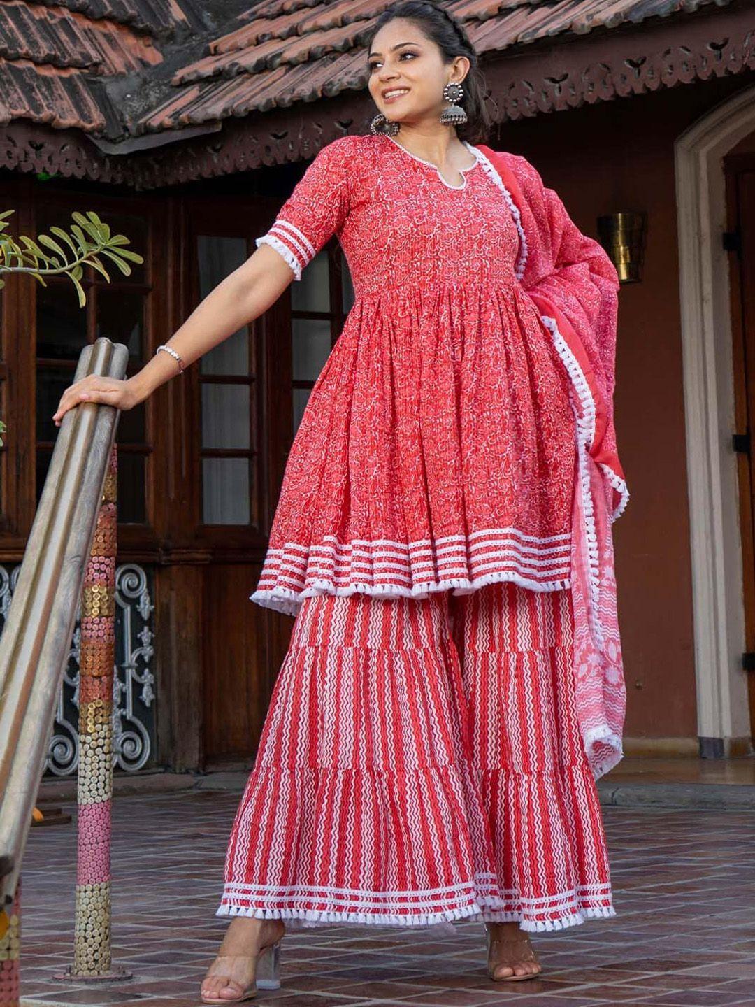 weavllite floral printed regular pure cotton kurta with sharara & dupatta