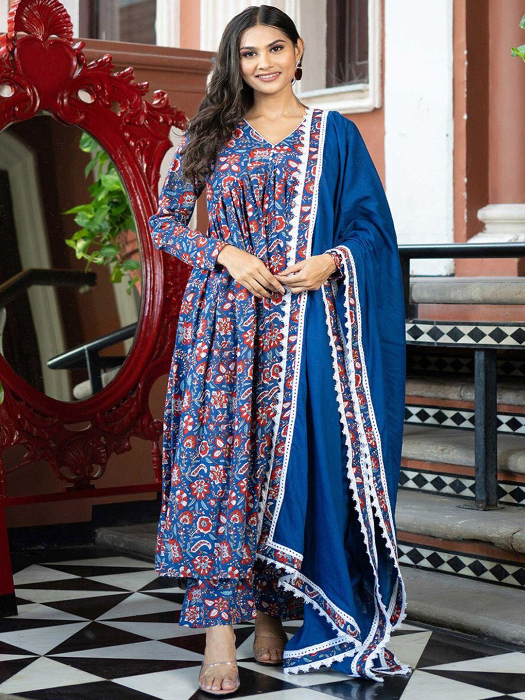 weavllite women blue ethnic motifs printed pleated pure cotton kurta with palazzos & with dupatta